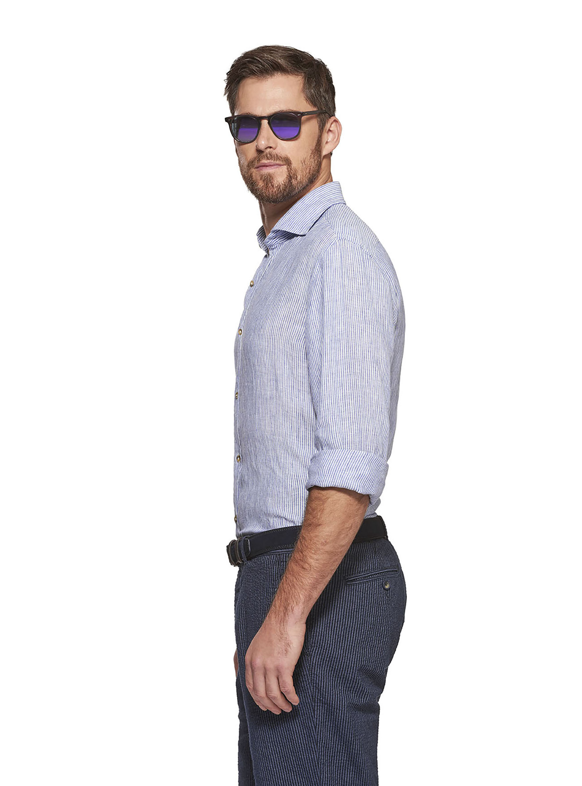 Striped linen semi-open collar french cuff shirt, BLUE