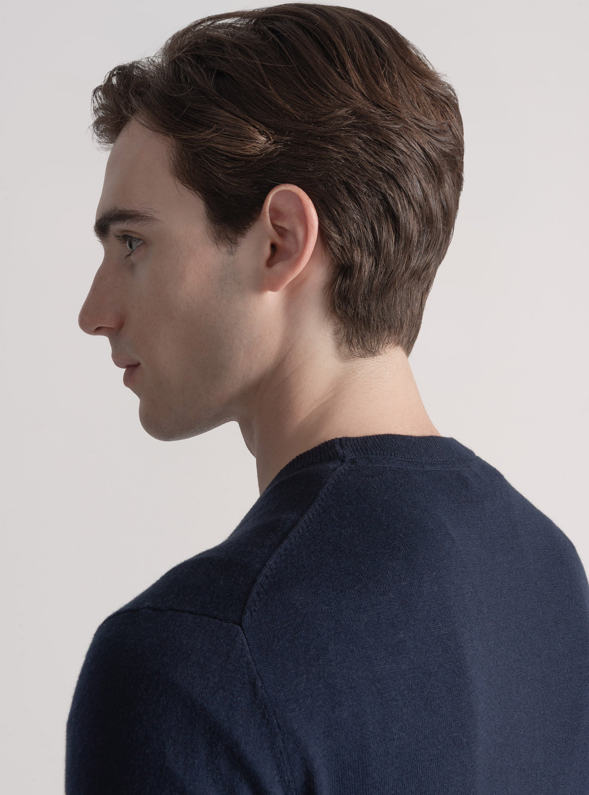 Punto de cuello redondo de algodón, seda y cachemira, AZUL MARINO