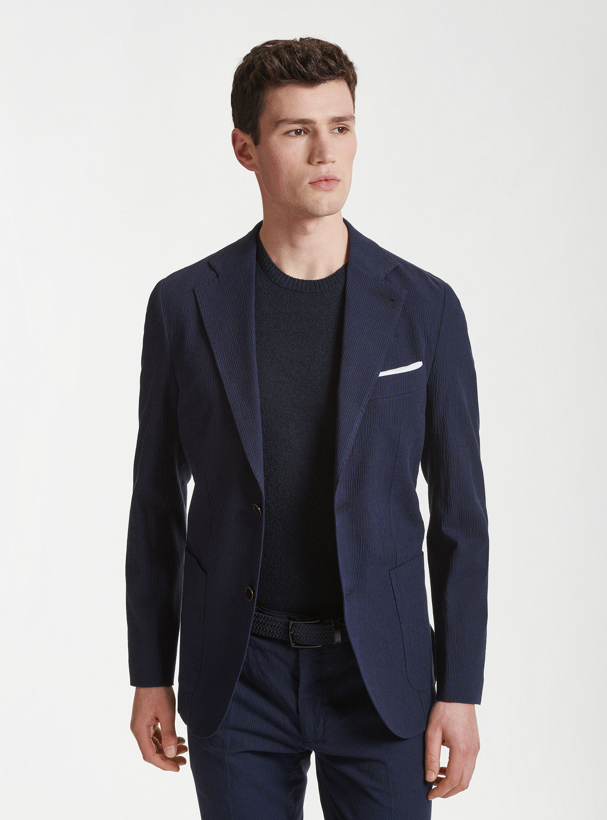 Giacca blue navy in seersucker rigato