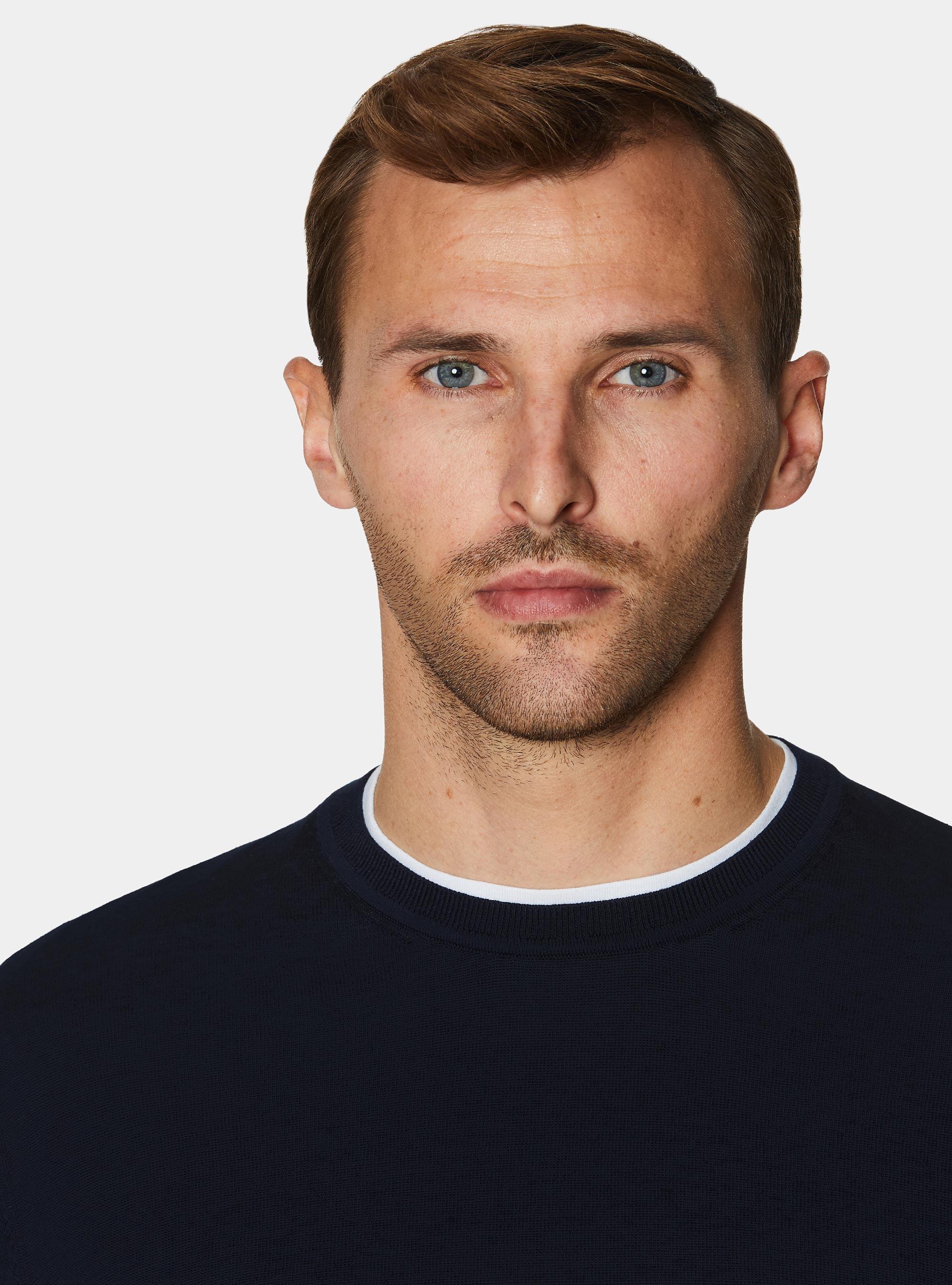 Cotton and silk crew neck sweater, NAVY BLUE