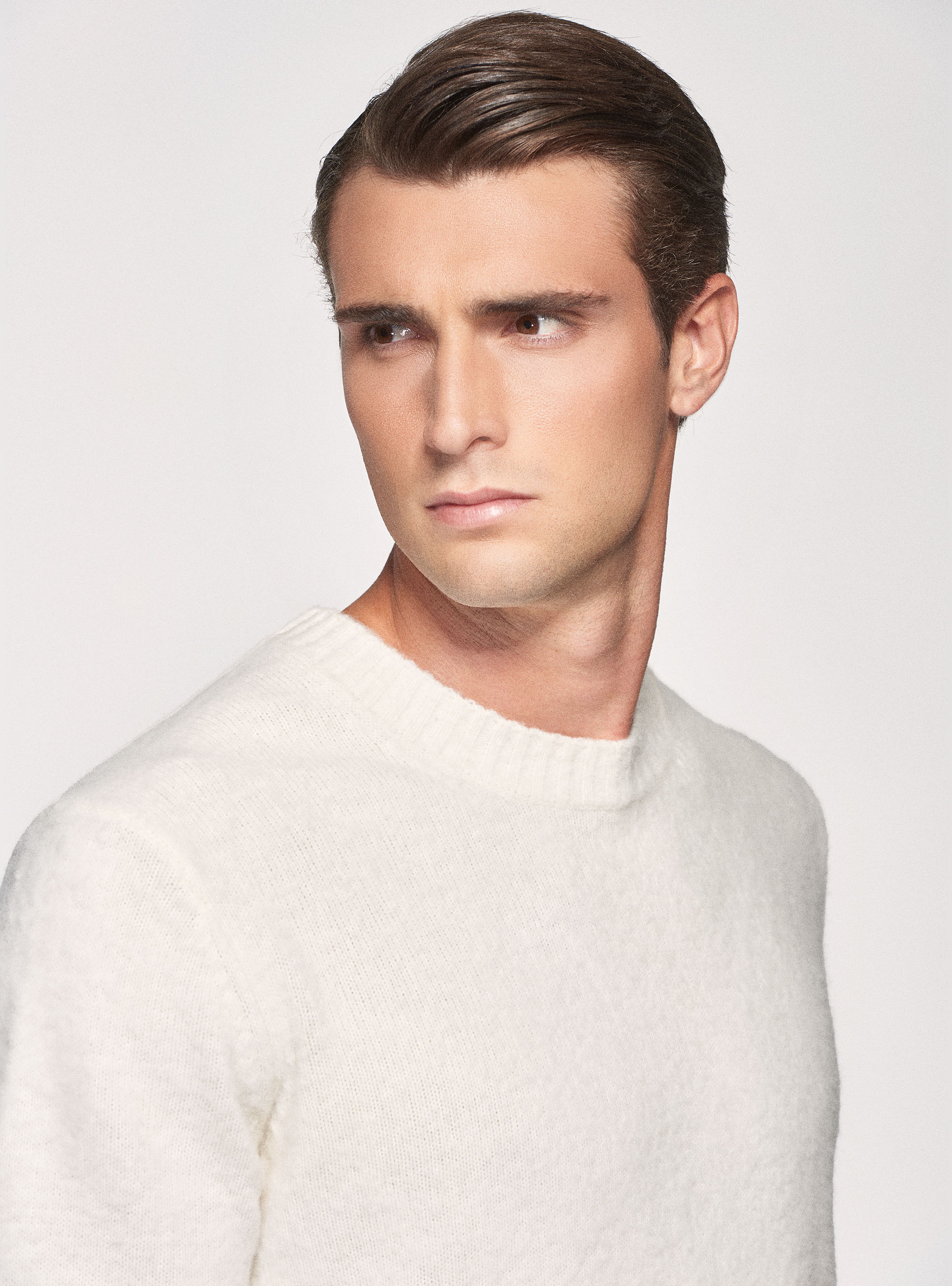 Maglia girocollo in misto lana brushed, BIANCO