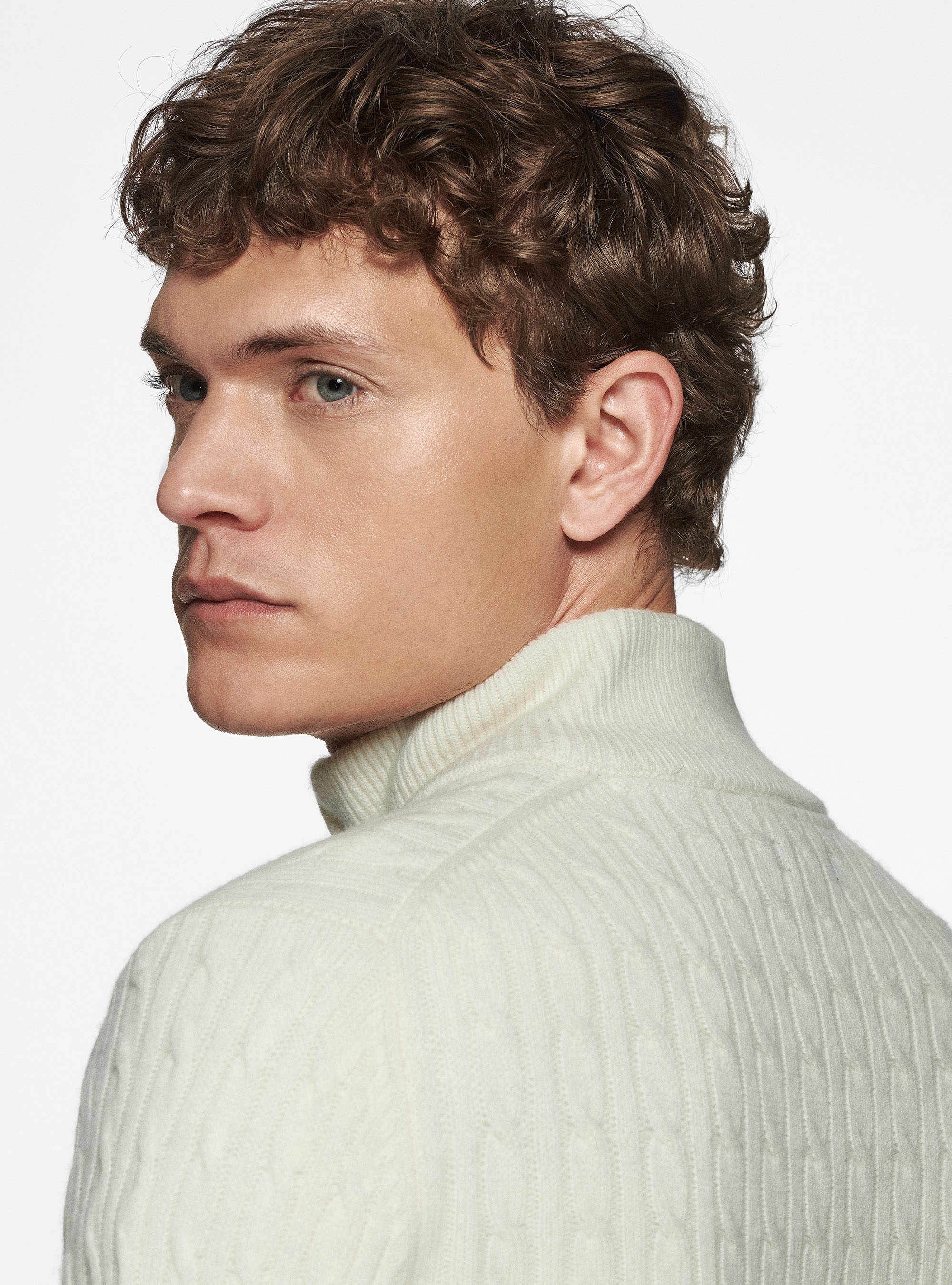 Maglia mock neck in lana e cashmere con trecce, BIANCO