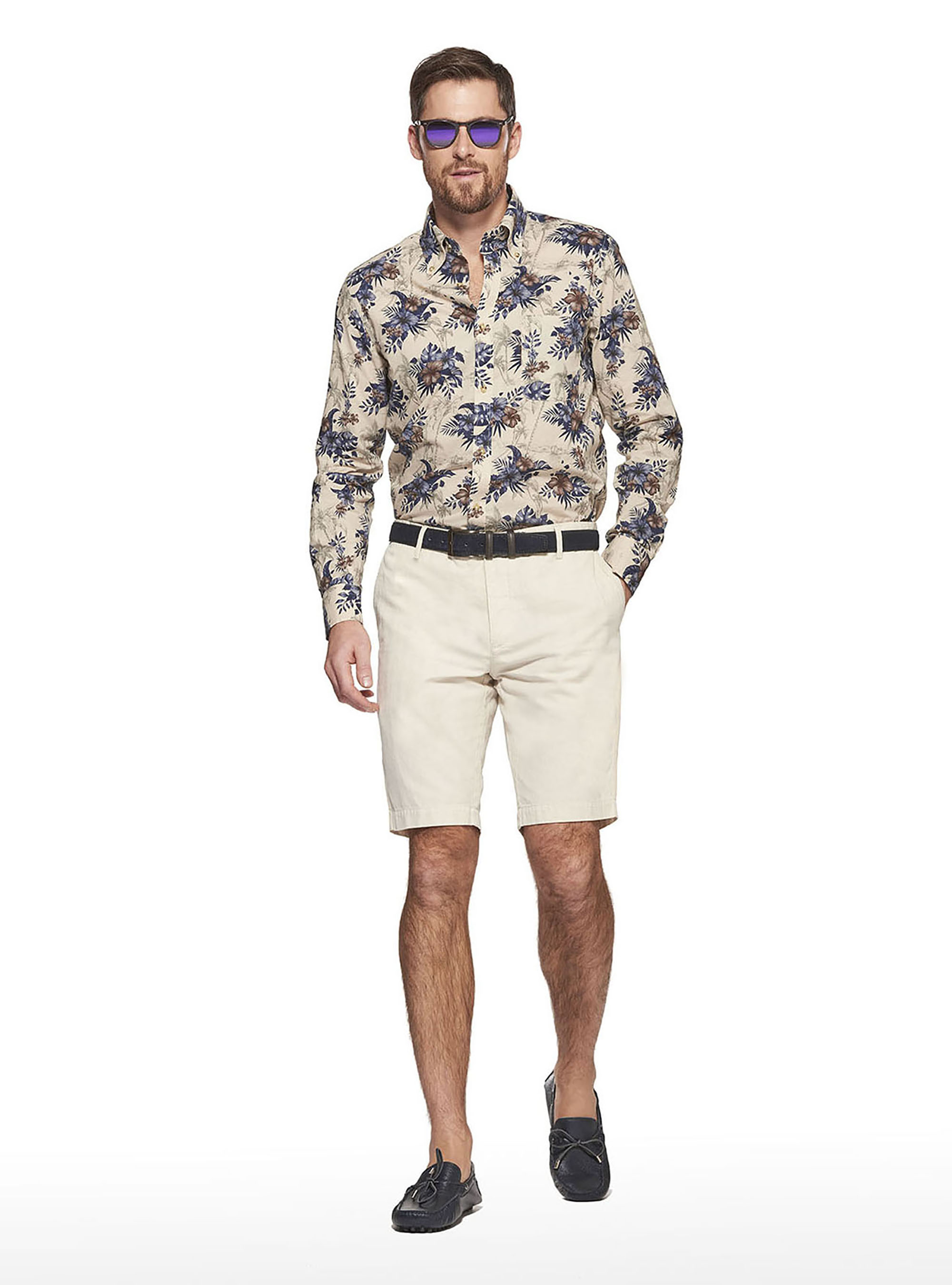 Flower printed cotton button-down collar shirt, ECRU