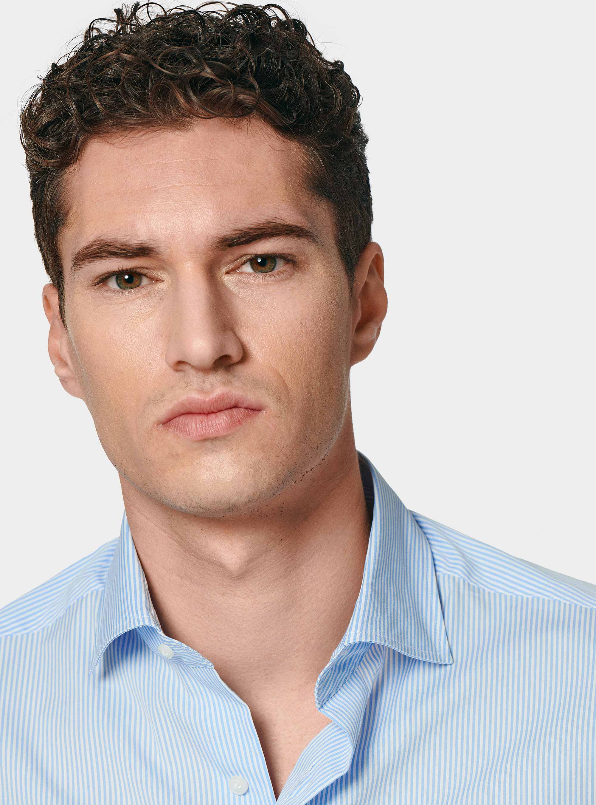Camicia rigata in popeline stretch, AZZURRO