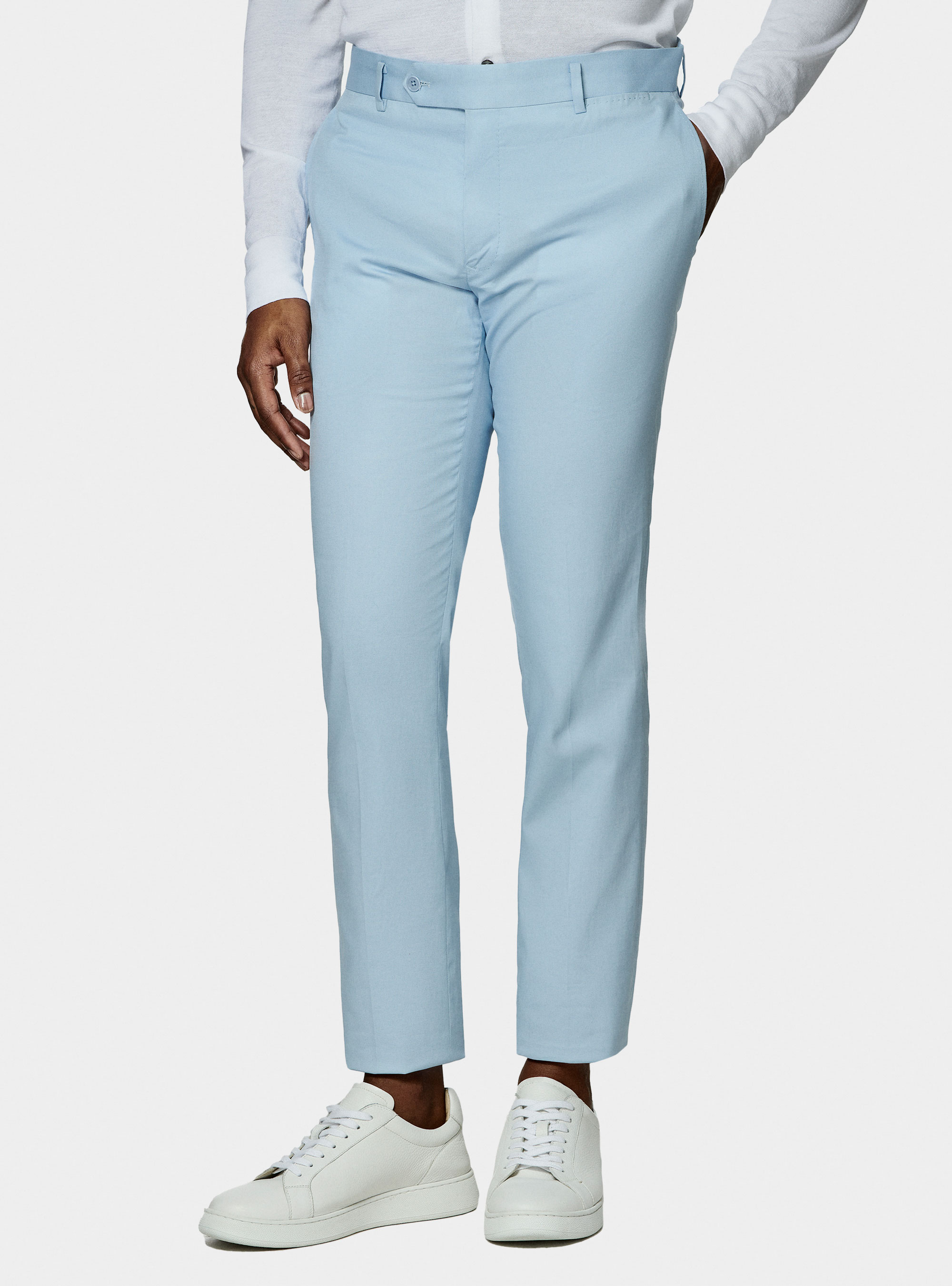 Pantaloni abito in cotone armaturato, AZZURRO