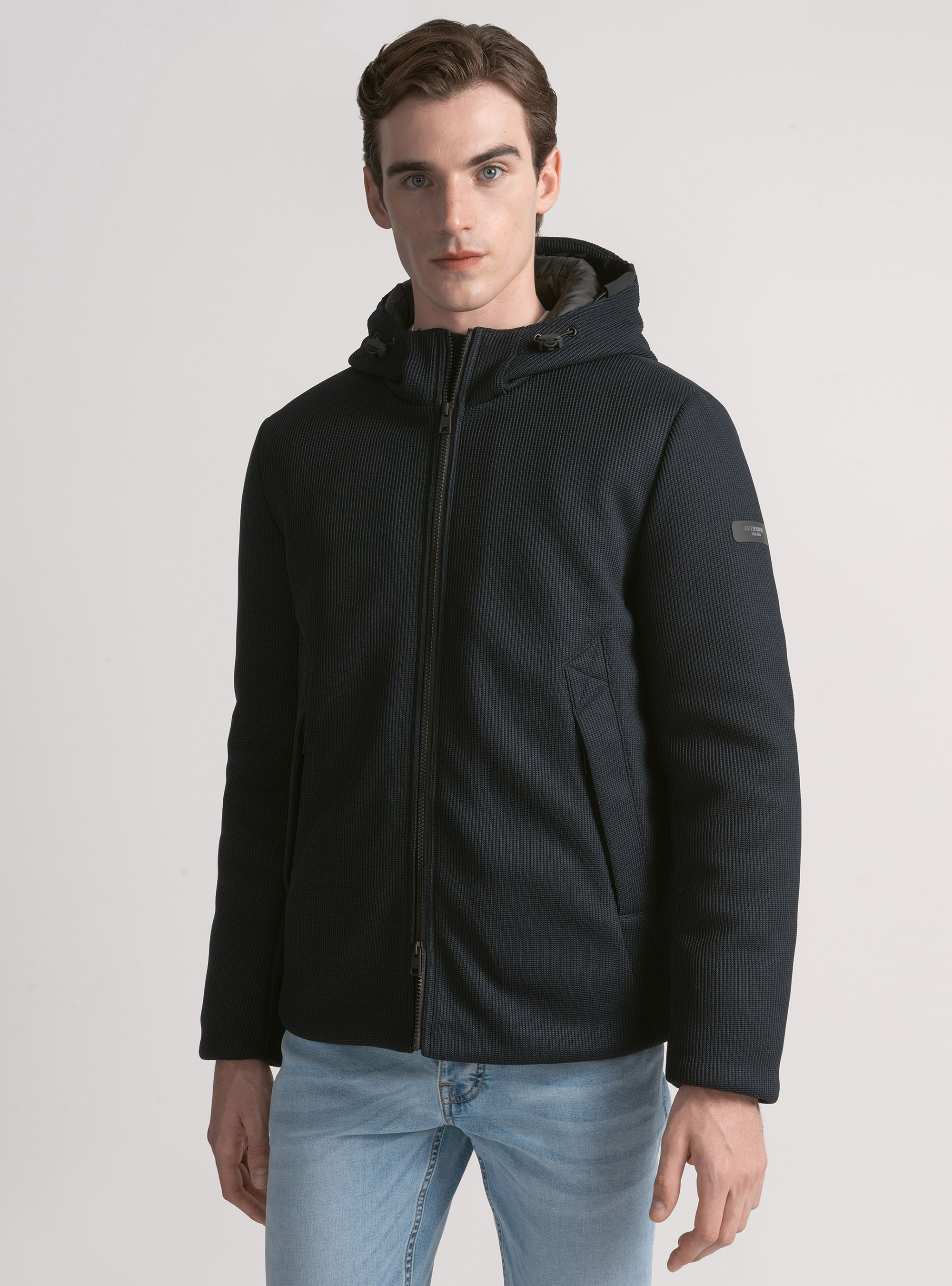 Padded technical jacket with hood, NAVY BLUE