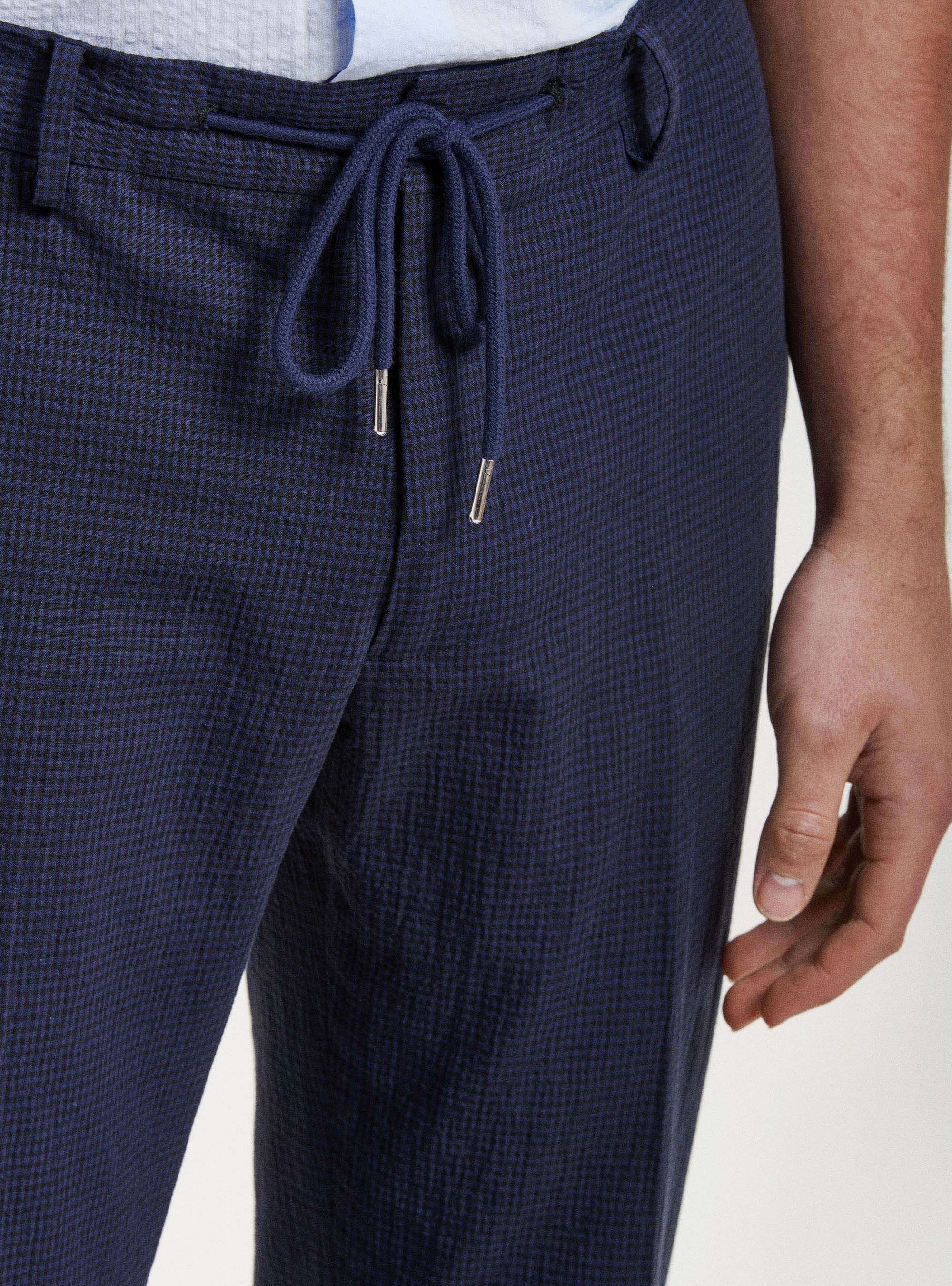 Pantaloni micro fantasia seersucker con coulisse, BLU NAVY