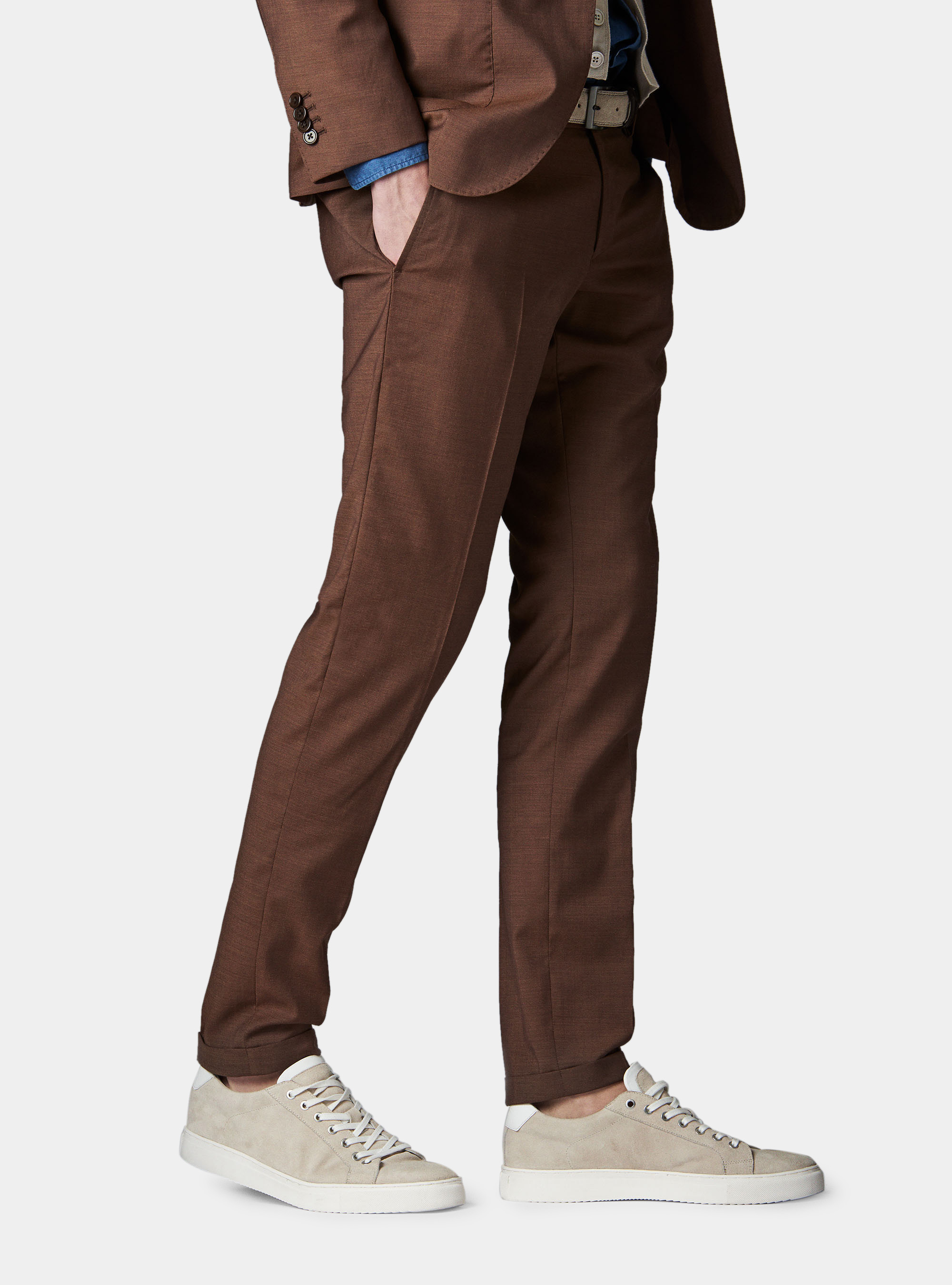 Pantaloni per abito in lana micro texture super 100, TABACCO