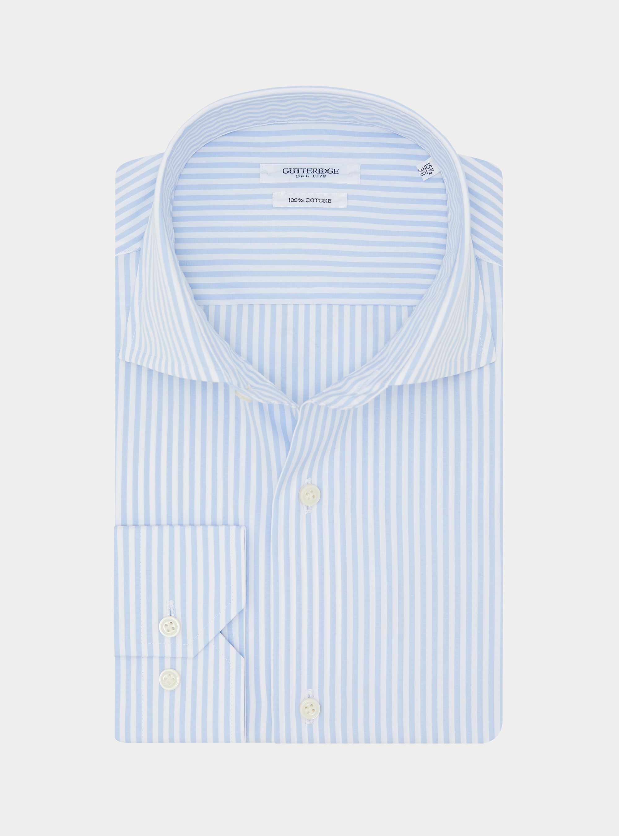 Camicia rigata cotone popeline collo semifrancese, CELESTE