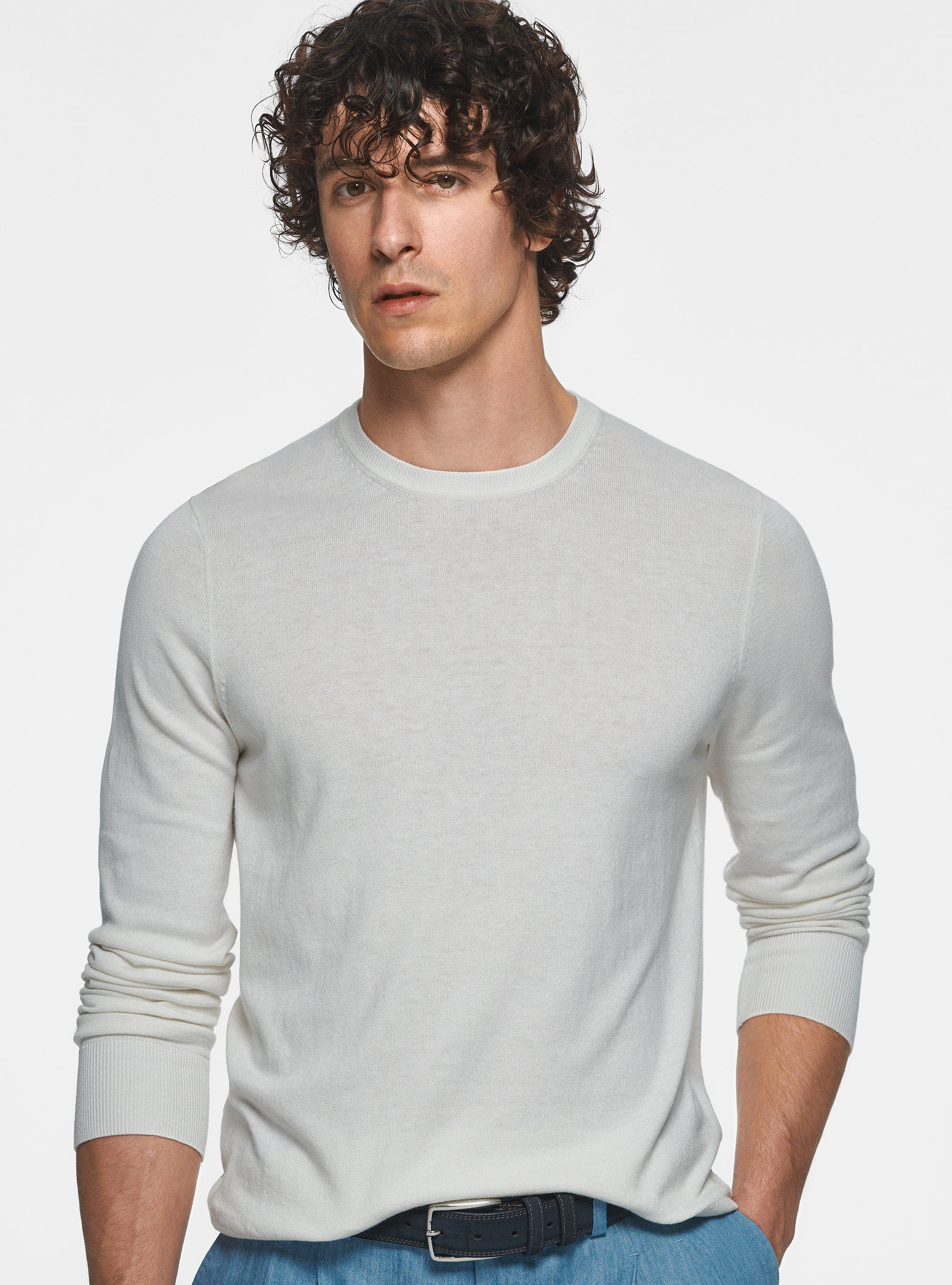 Round-neck sweater in cotton silk and cashmere, WHITE