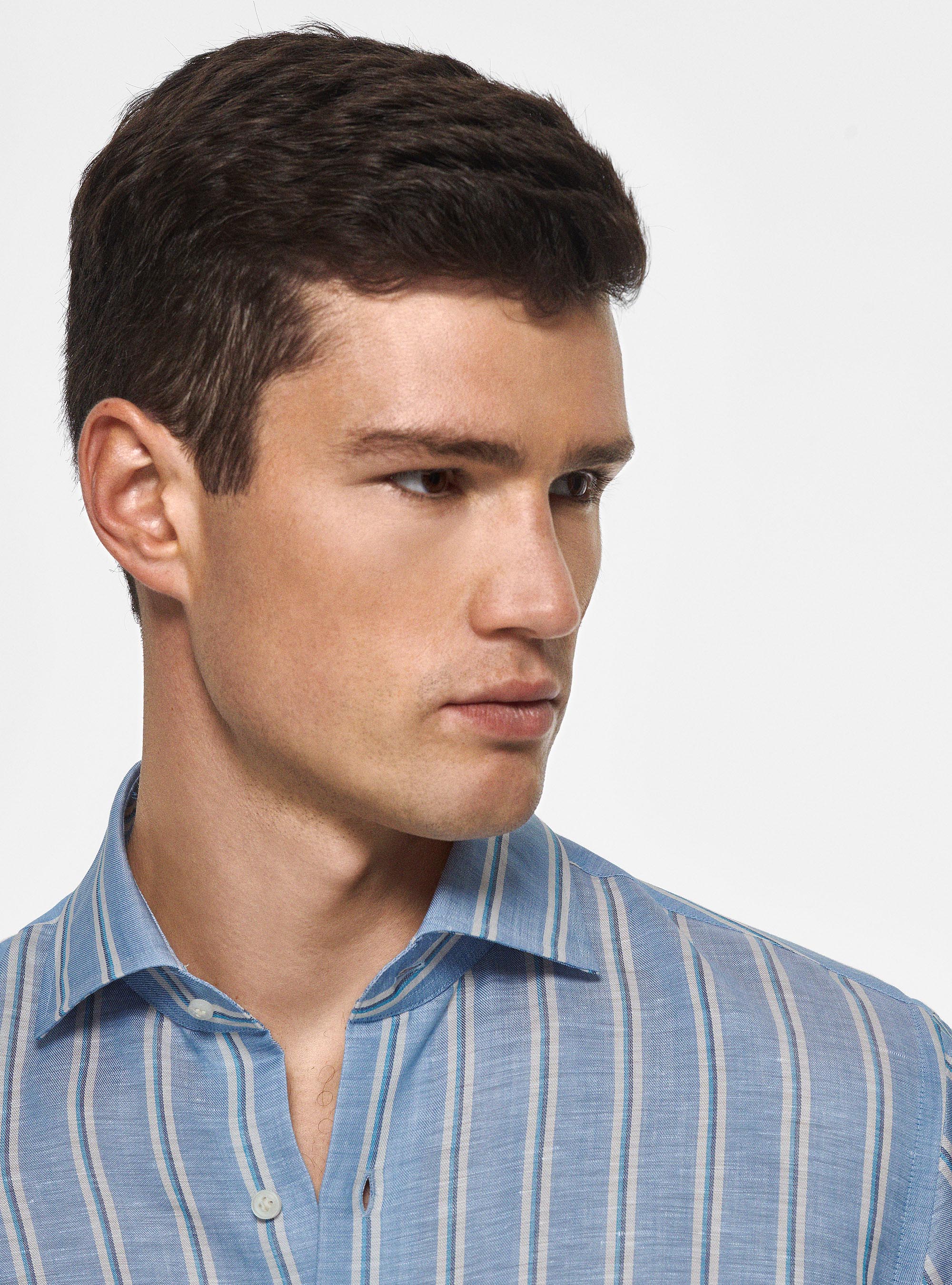 Camicia rigata in misto lino, AZZURRO