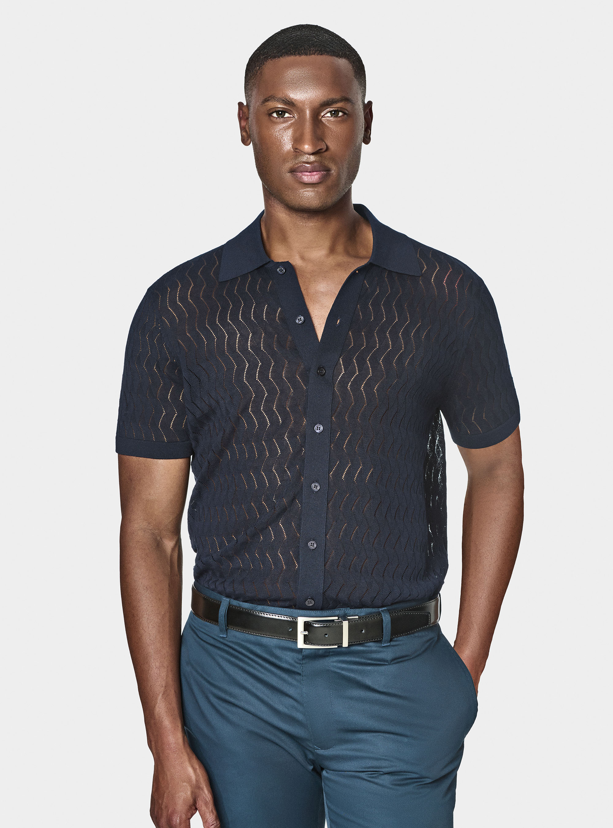 Polo camicia in maglia traforata in cotone e seta