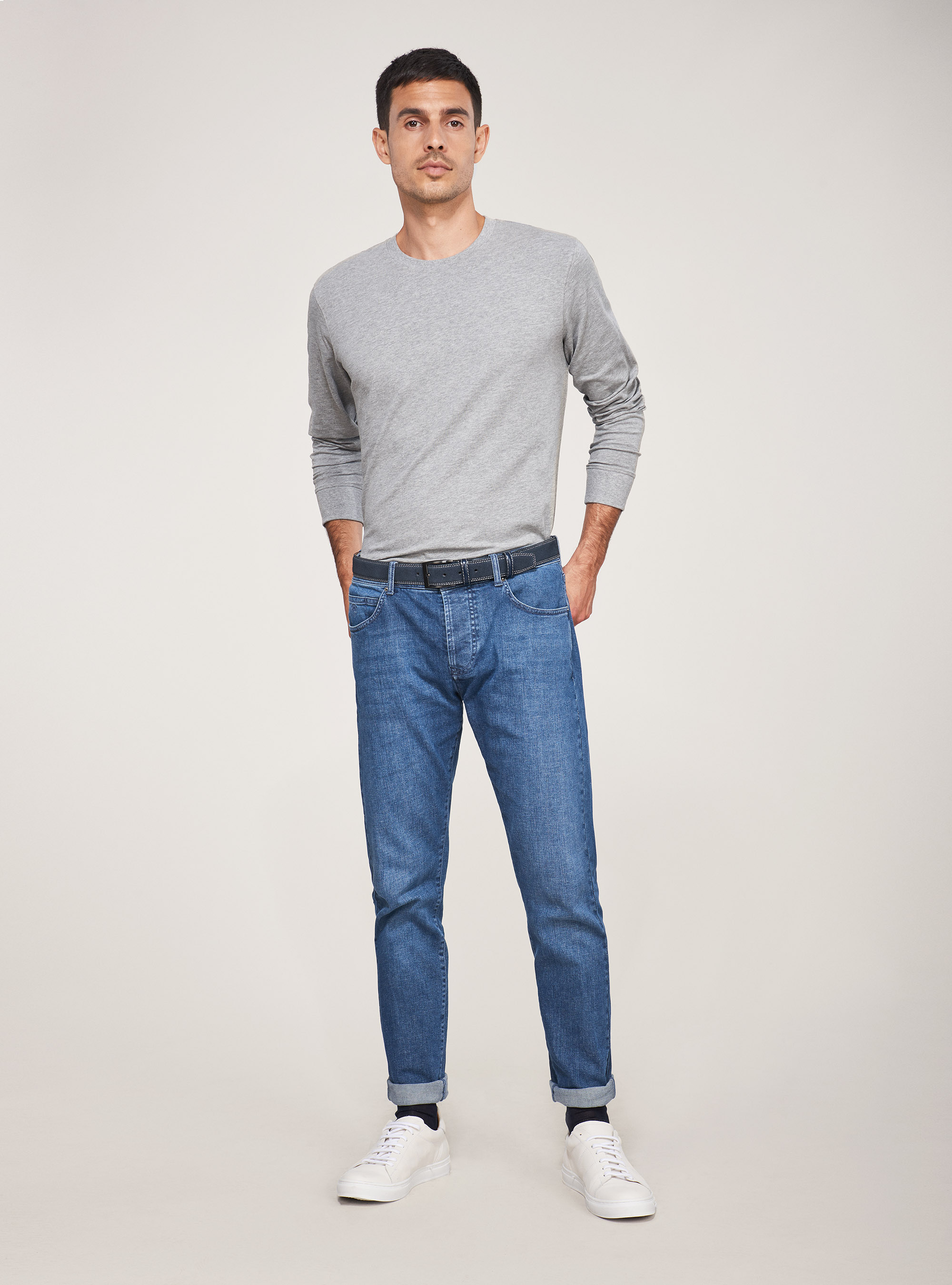 T-Shirt manica lunga in cotone stretch, GRIGIO CHIARO