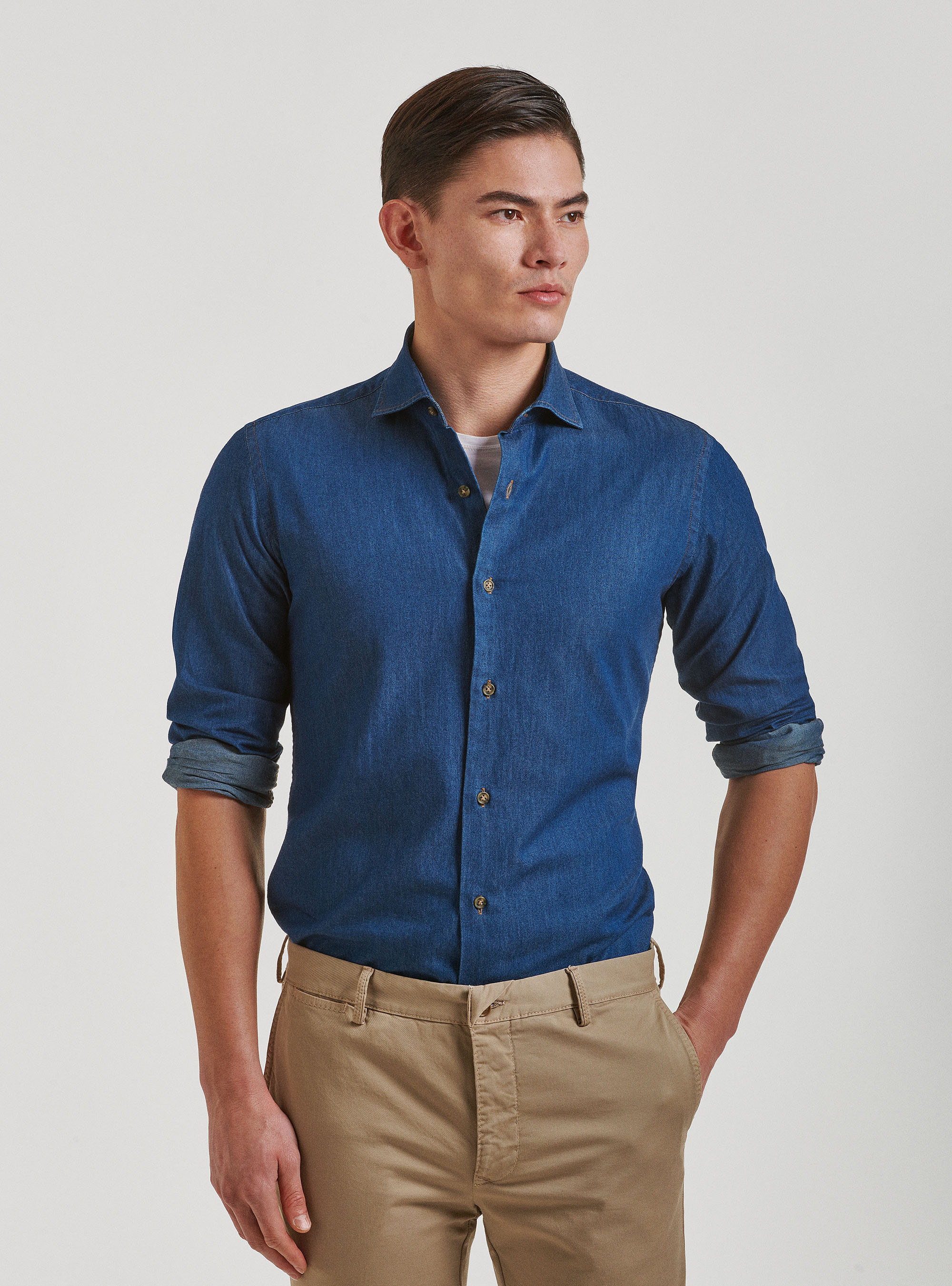 Camicia denim in cotone chambray, BLU NAVY