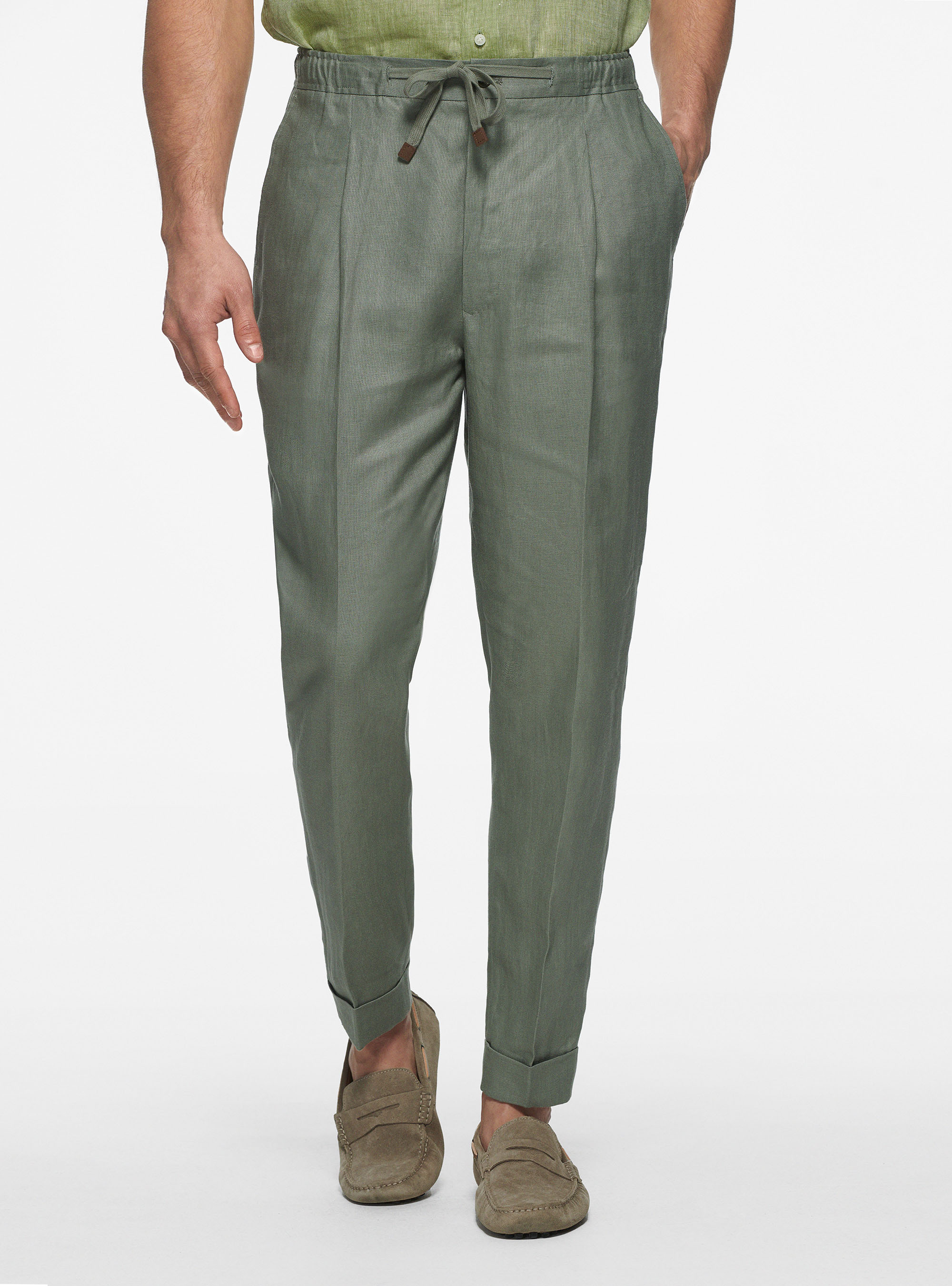 Pantaloni in puro lino con coulisse, SALVIA 0602C