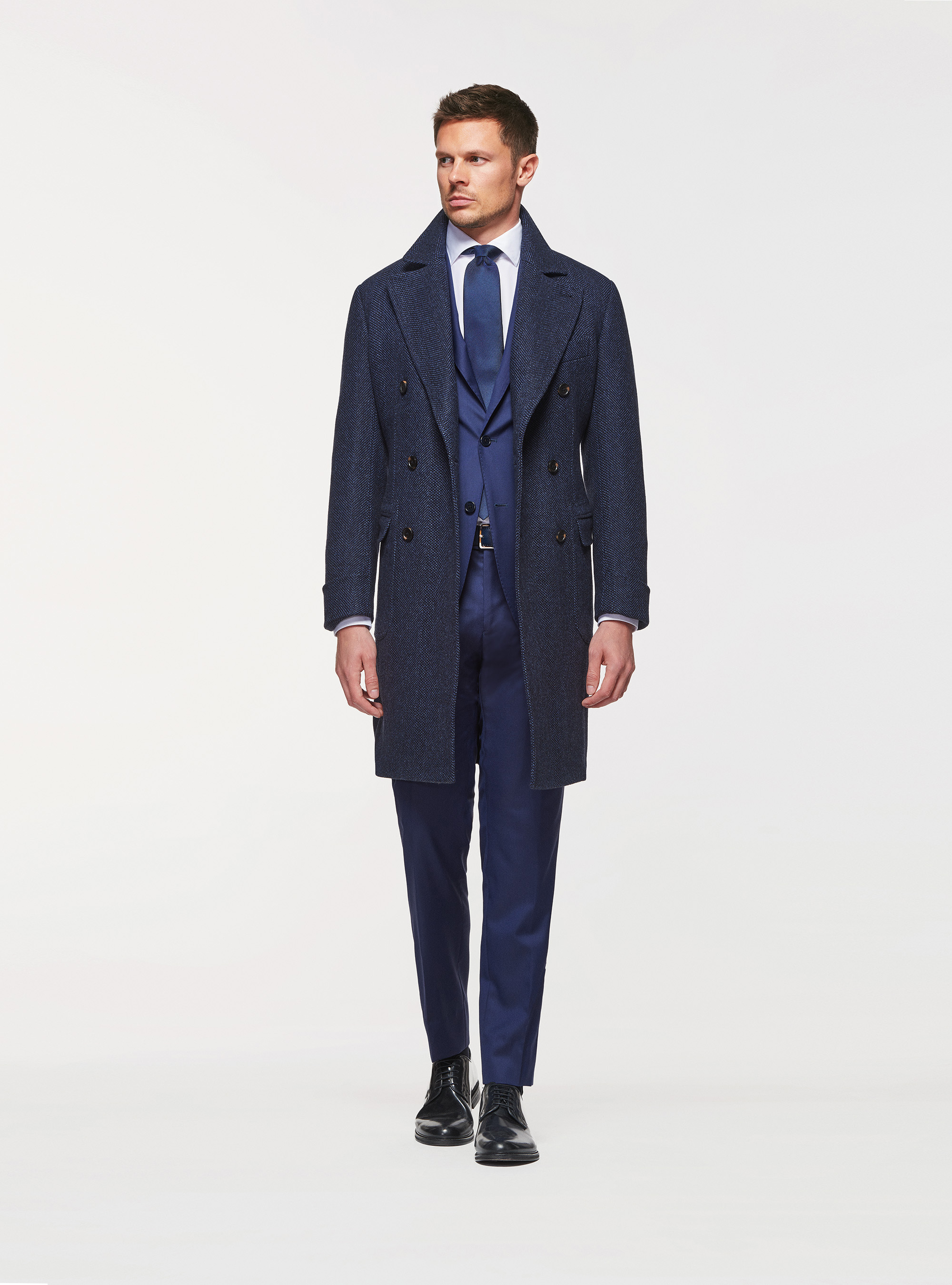 Cappotto doppiopetto in misto lana spigata, BLU NAVY