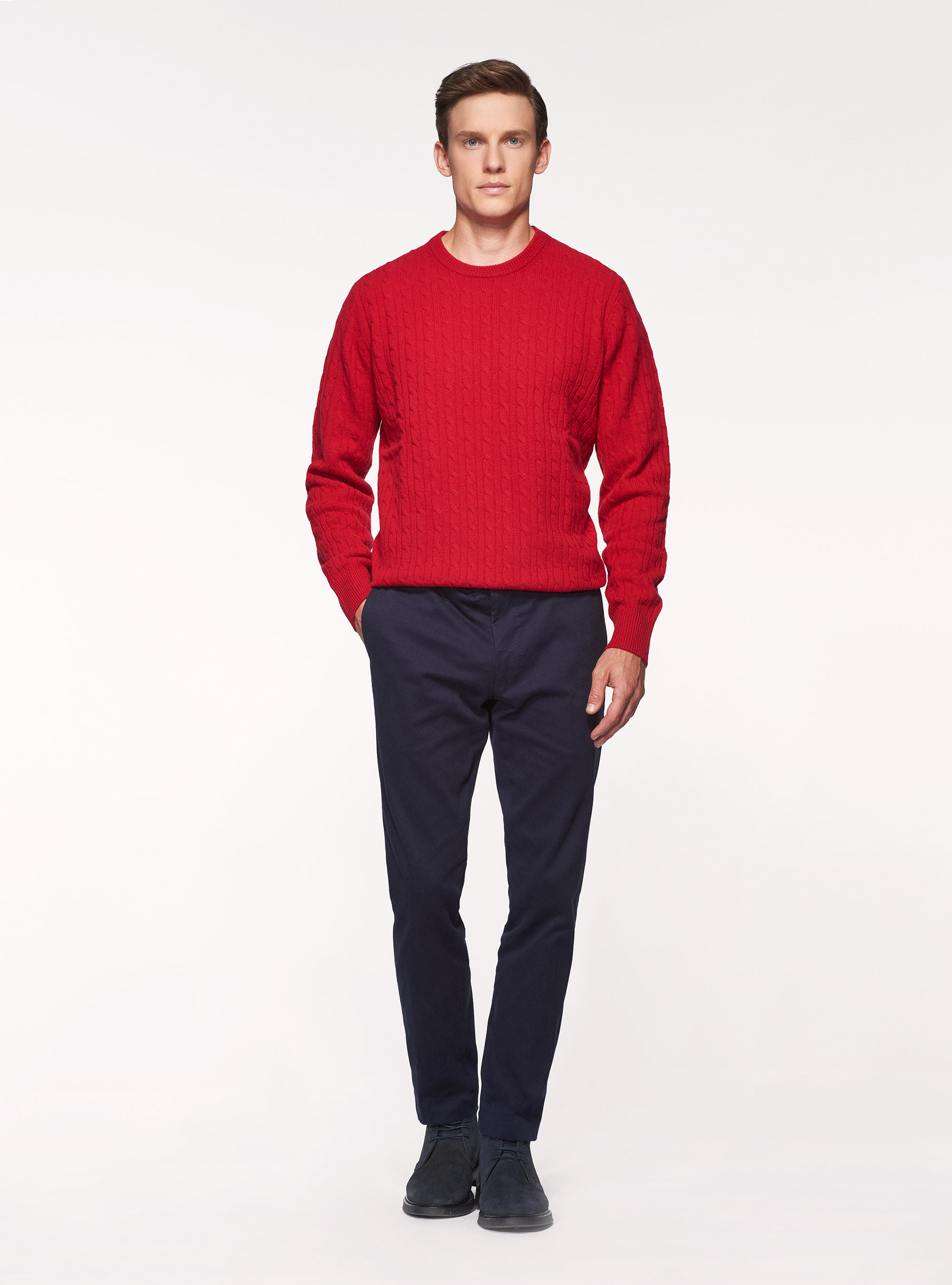 Maglia treccia girocollo in lana lambswool e cashmere, ROSSO