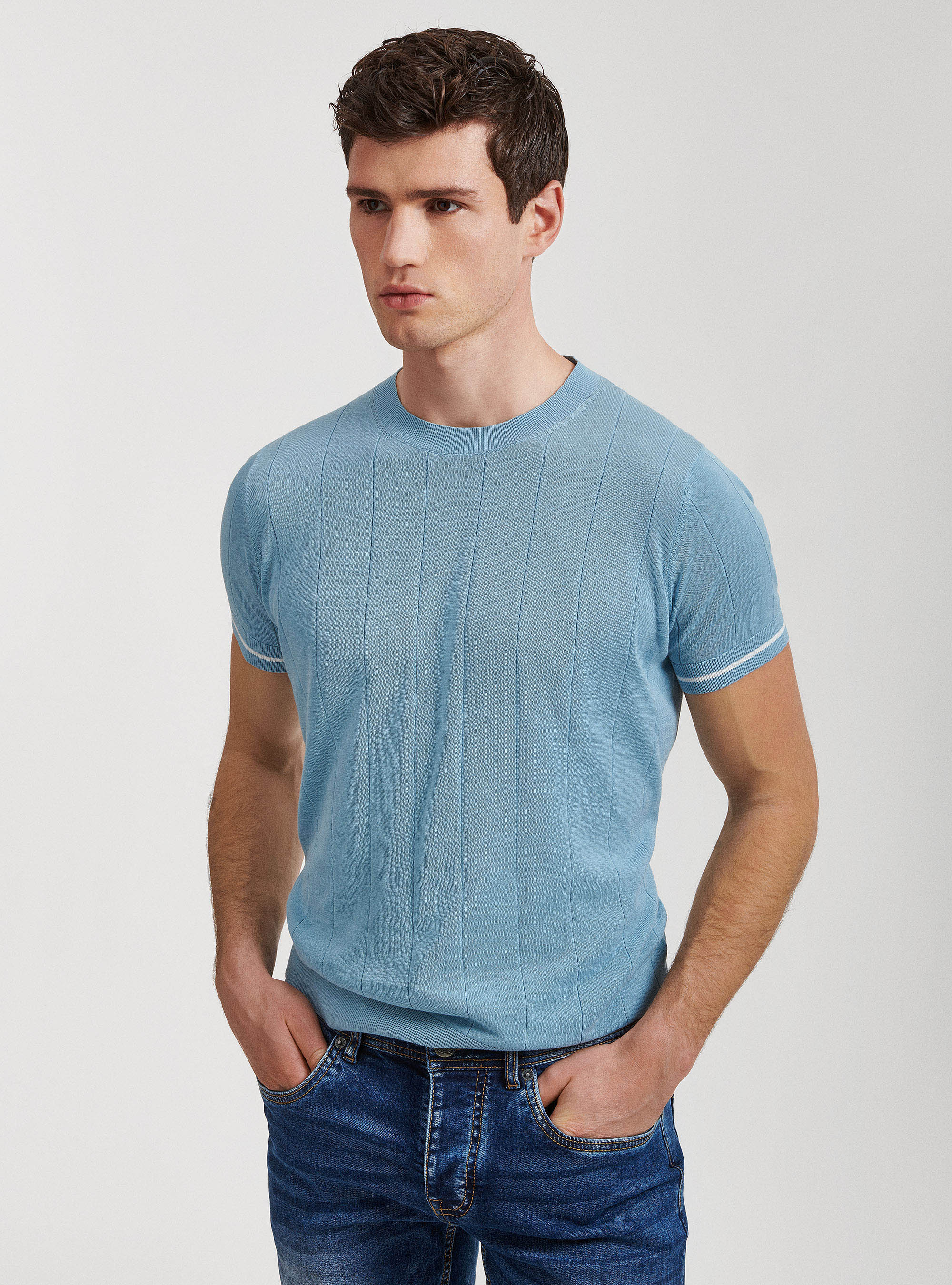Pure cotton jersey in flat rib, LIGHT BLUE