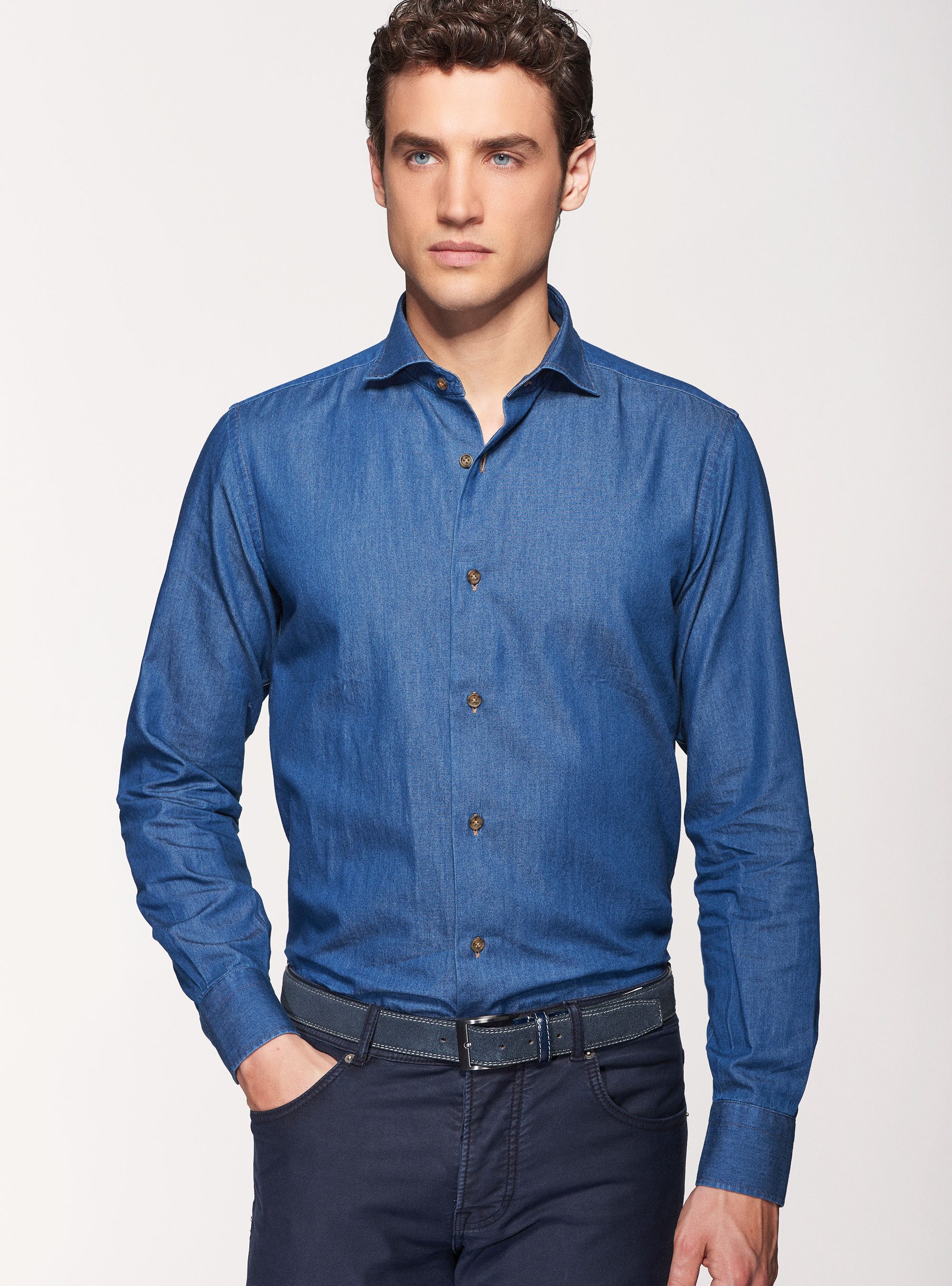 Camicia denim in cotone chambray, BLU NAVY