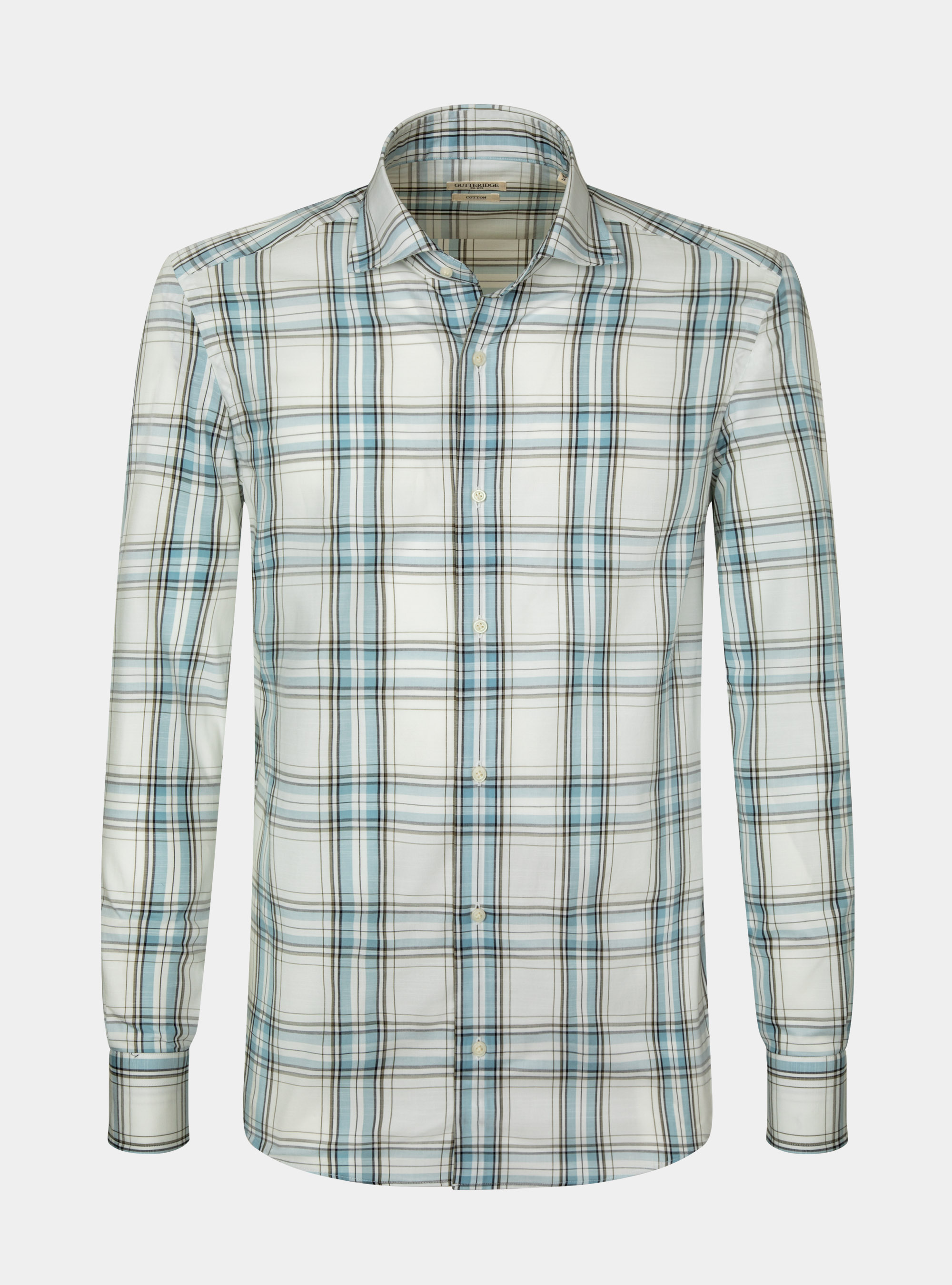 Camicia collo semi francese in puro cotone a quadri, AZZURRO