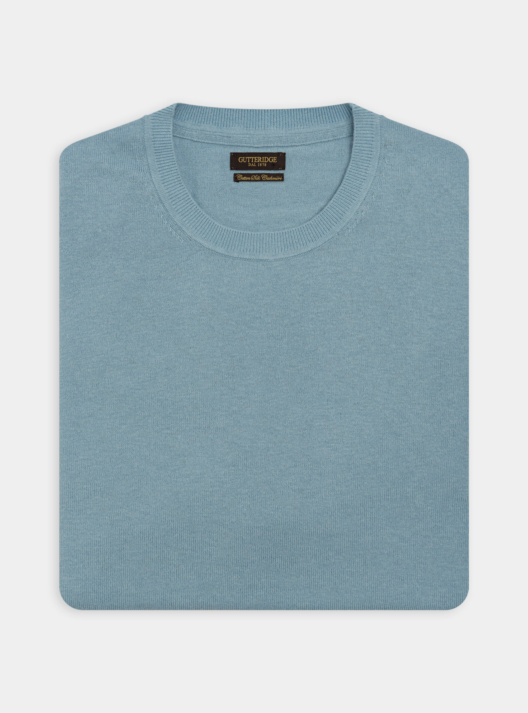 Jersey de cuello redondo de algod&oacute;n, seda y cachemira, CELESTE