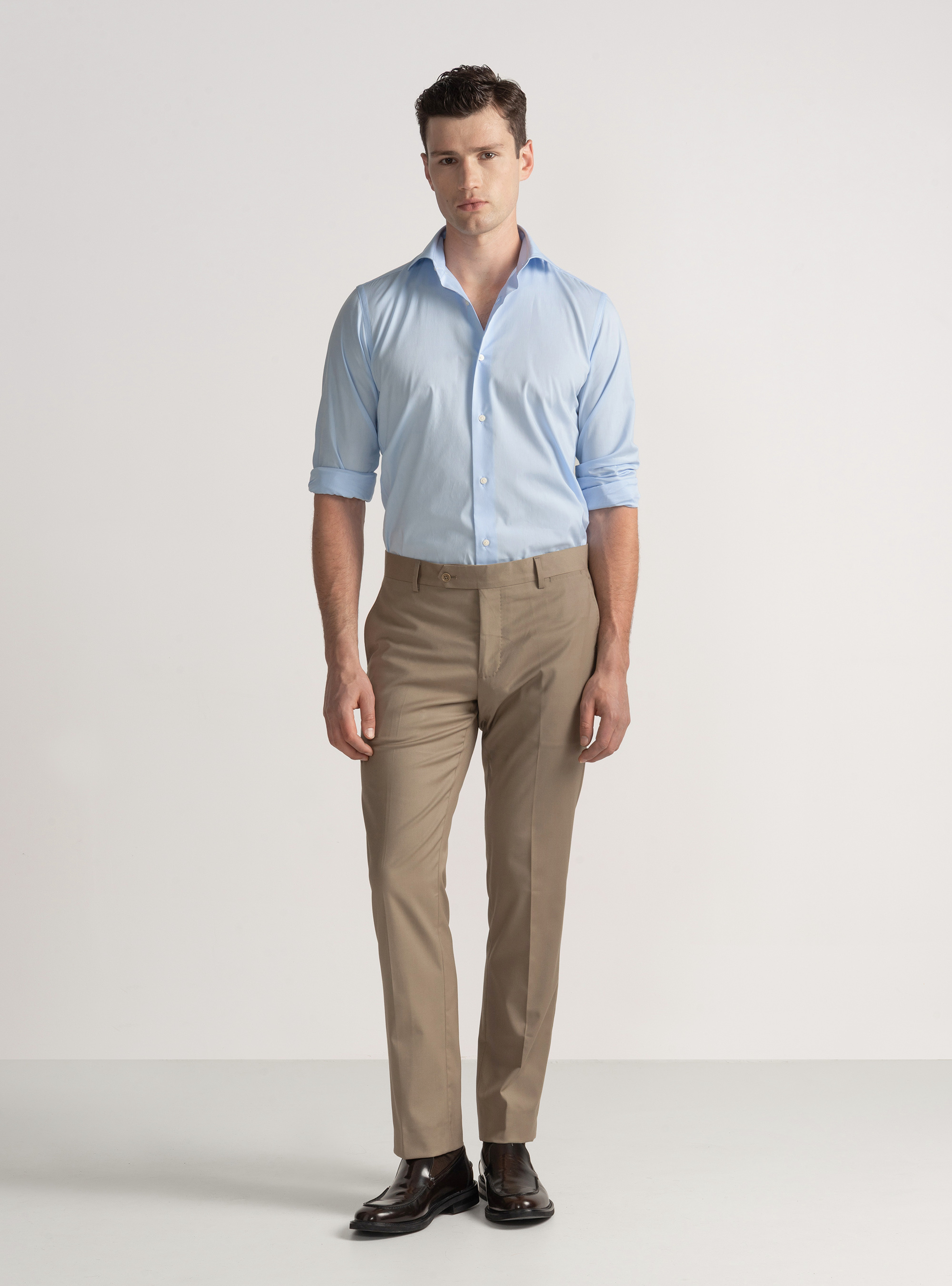 Camicia in cotone popeline stretch, AZZURRO