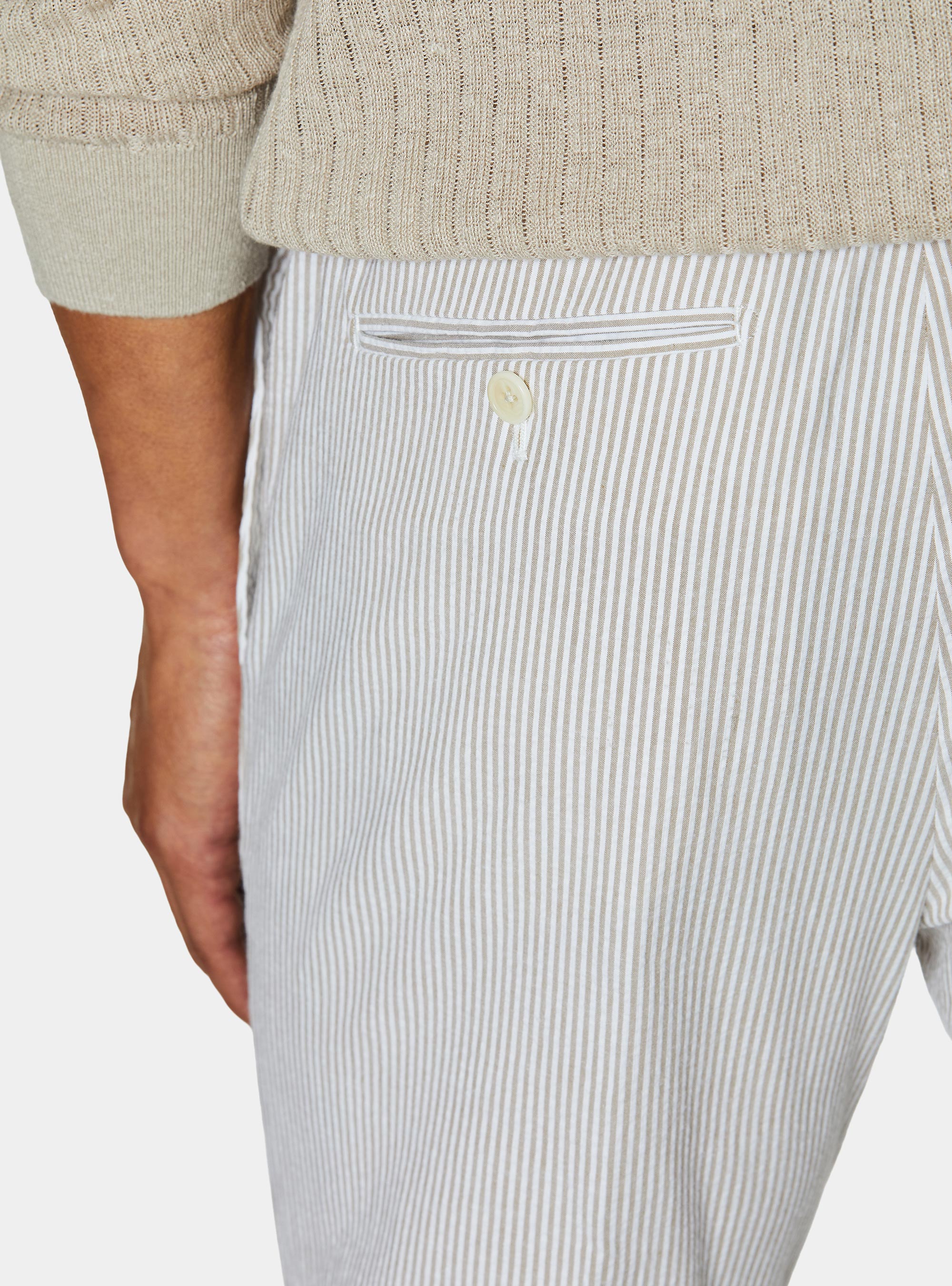 Seersucker cotton blend striped drawstring trousers, SAND