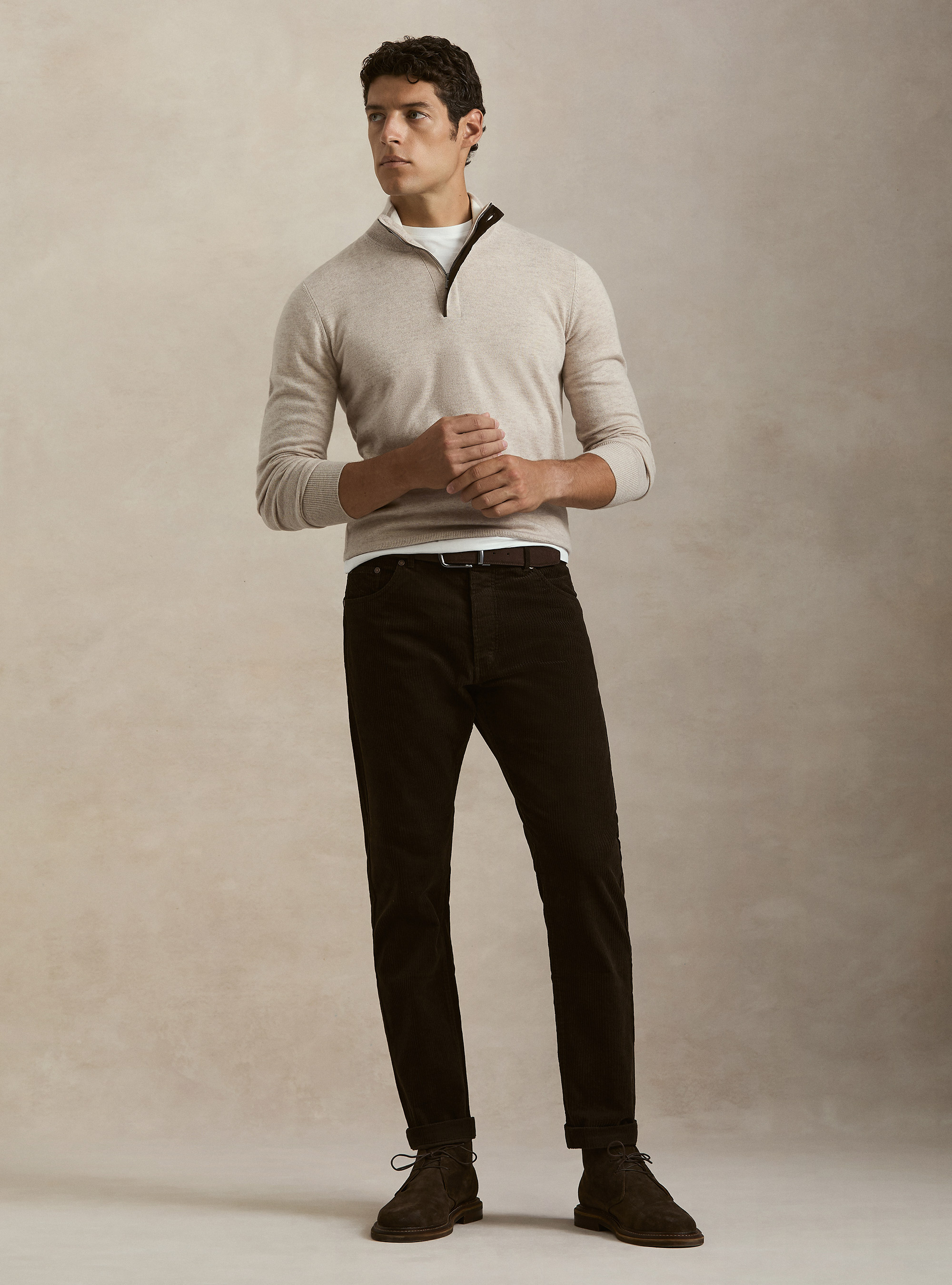 Half-zip wool blend sweater with elbow patches, ECRU