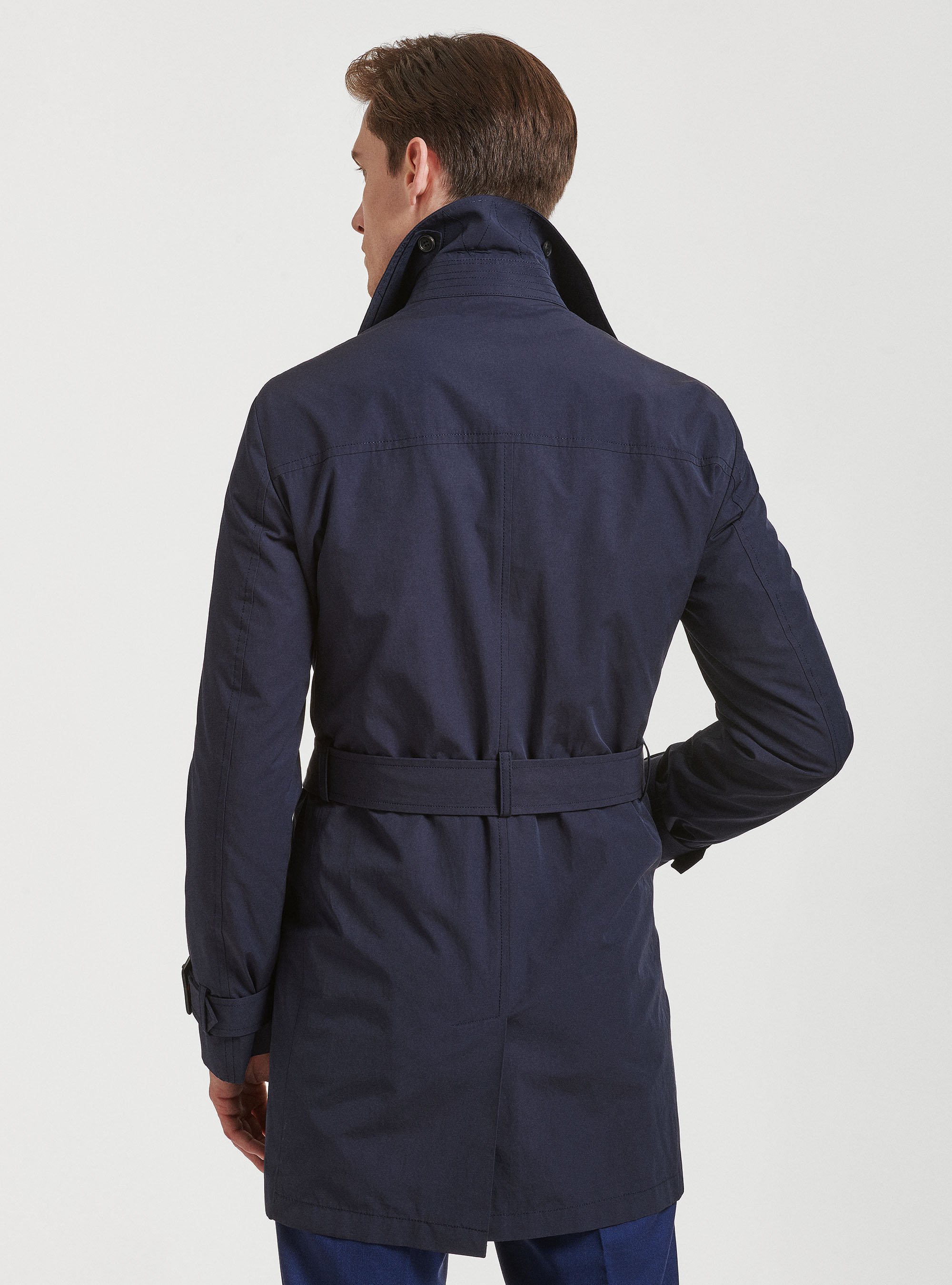 Impermeabile doppiopetto in twill misto cotone tecnico, BLU NAVY