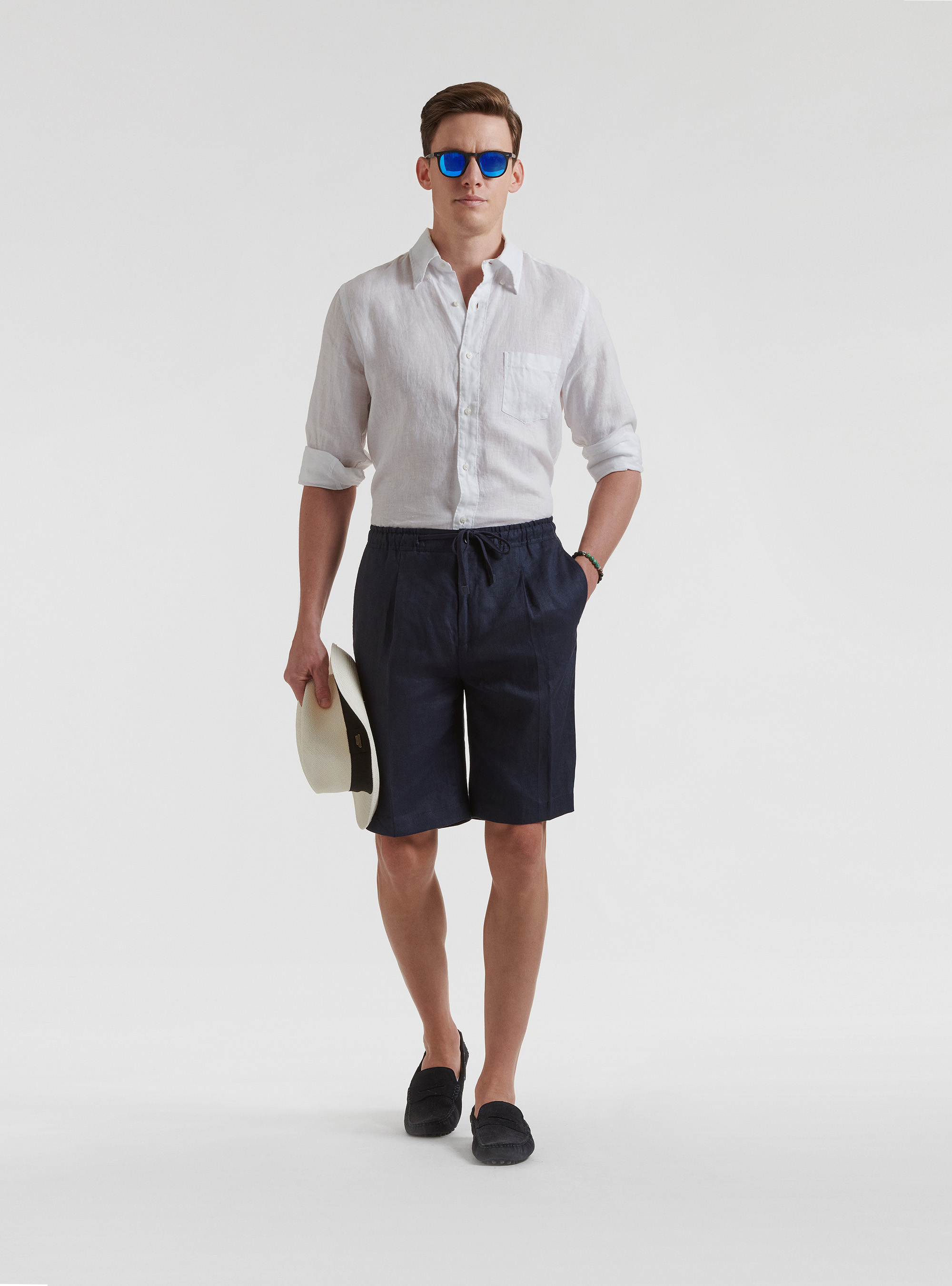 Bermuda tinta unita in lino, BLU NAVY