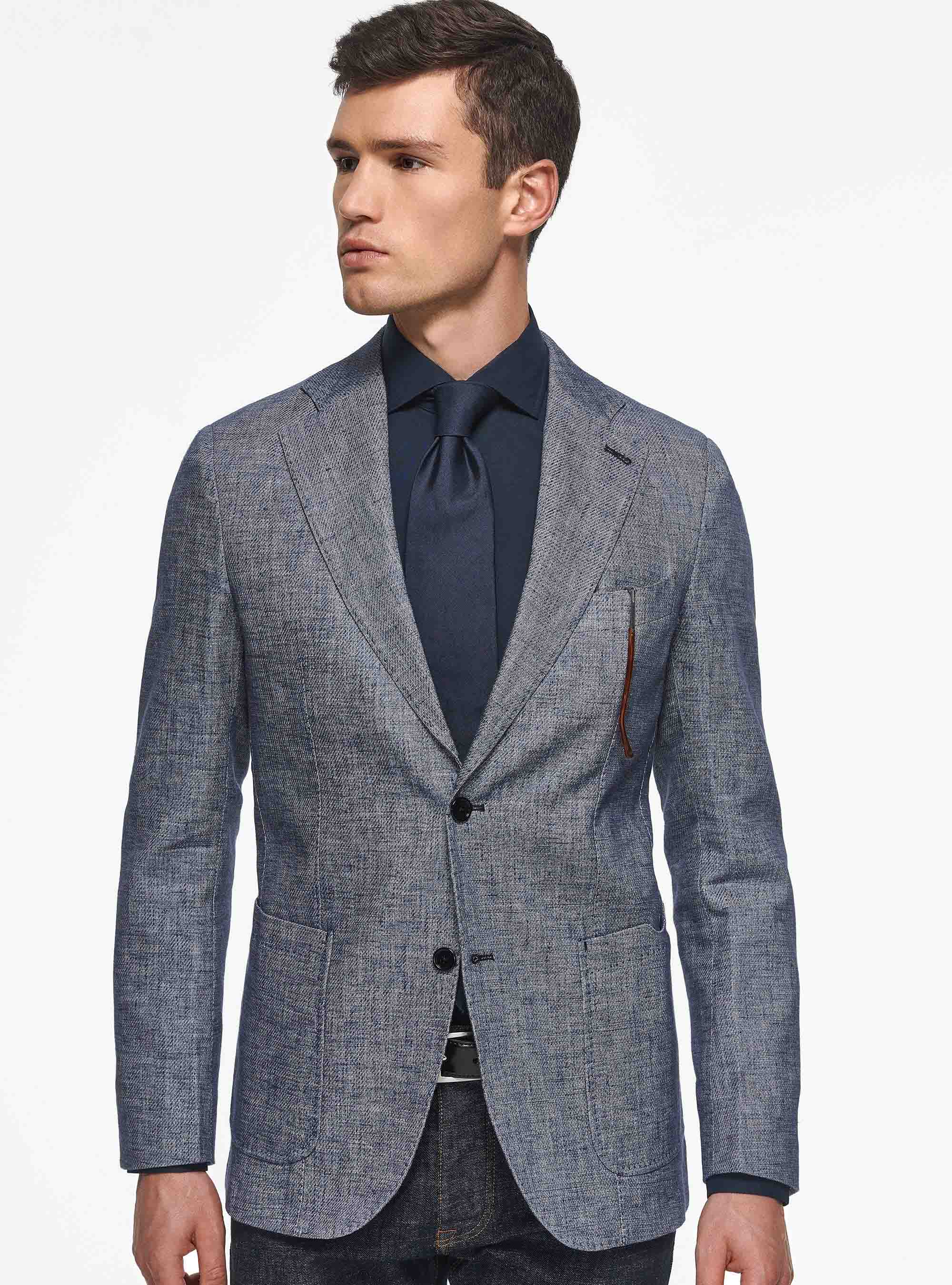Geflammte Jacke aus Leinen und Baumwolle, NAVY 0218C