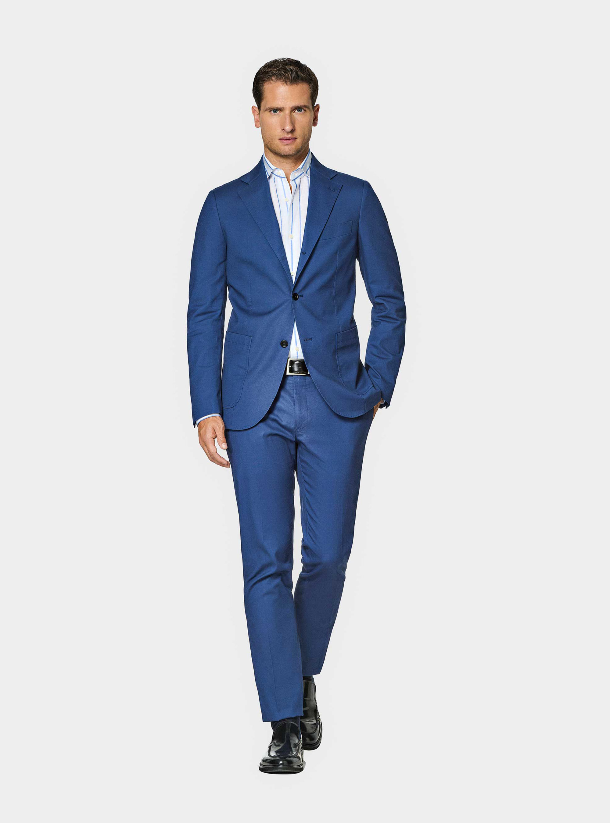 Camisa de rayas en mezcla de lino, AZUL MEDIO