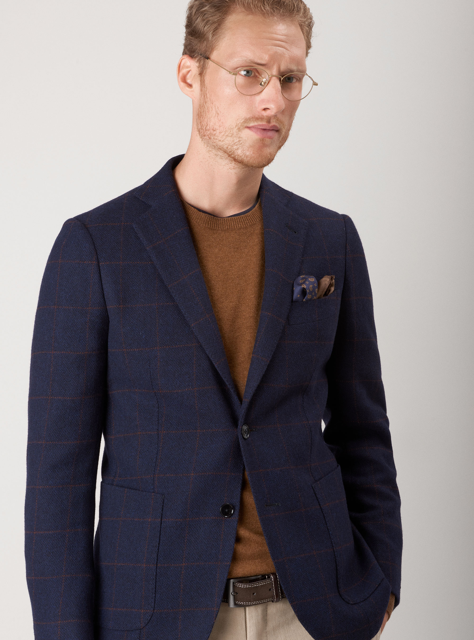 Checked jacket in lambswool and cashmere, NAVY BLUE