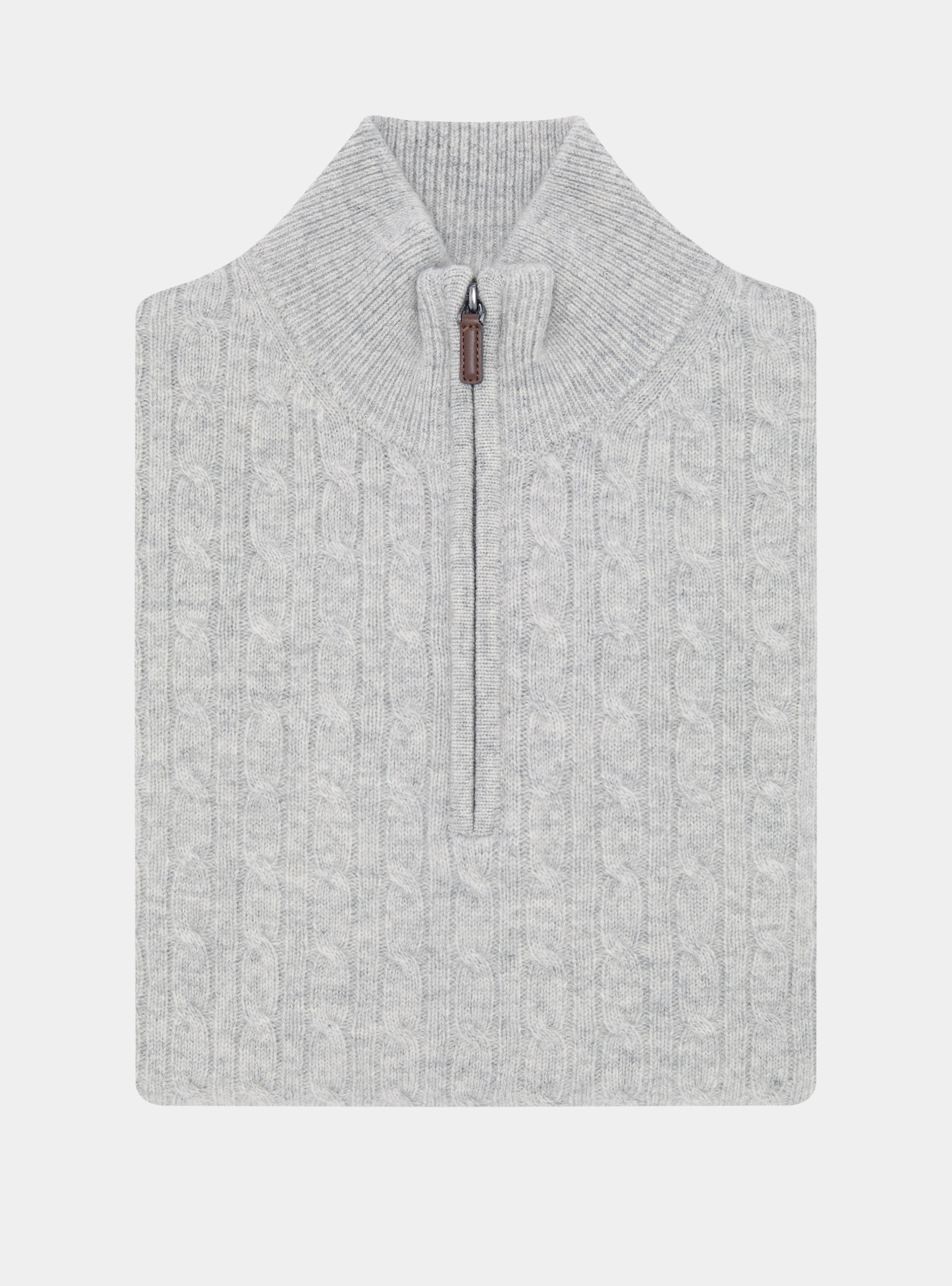 Cable-knit wool and cashmere mock neck sweater, LIGHT GREY MELANGE