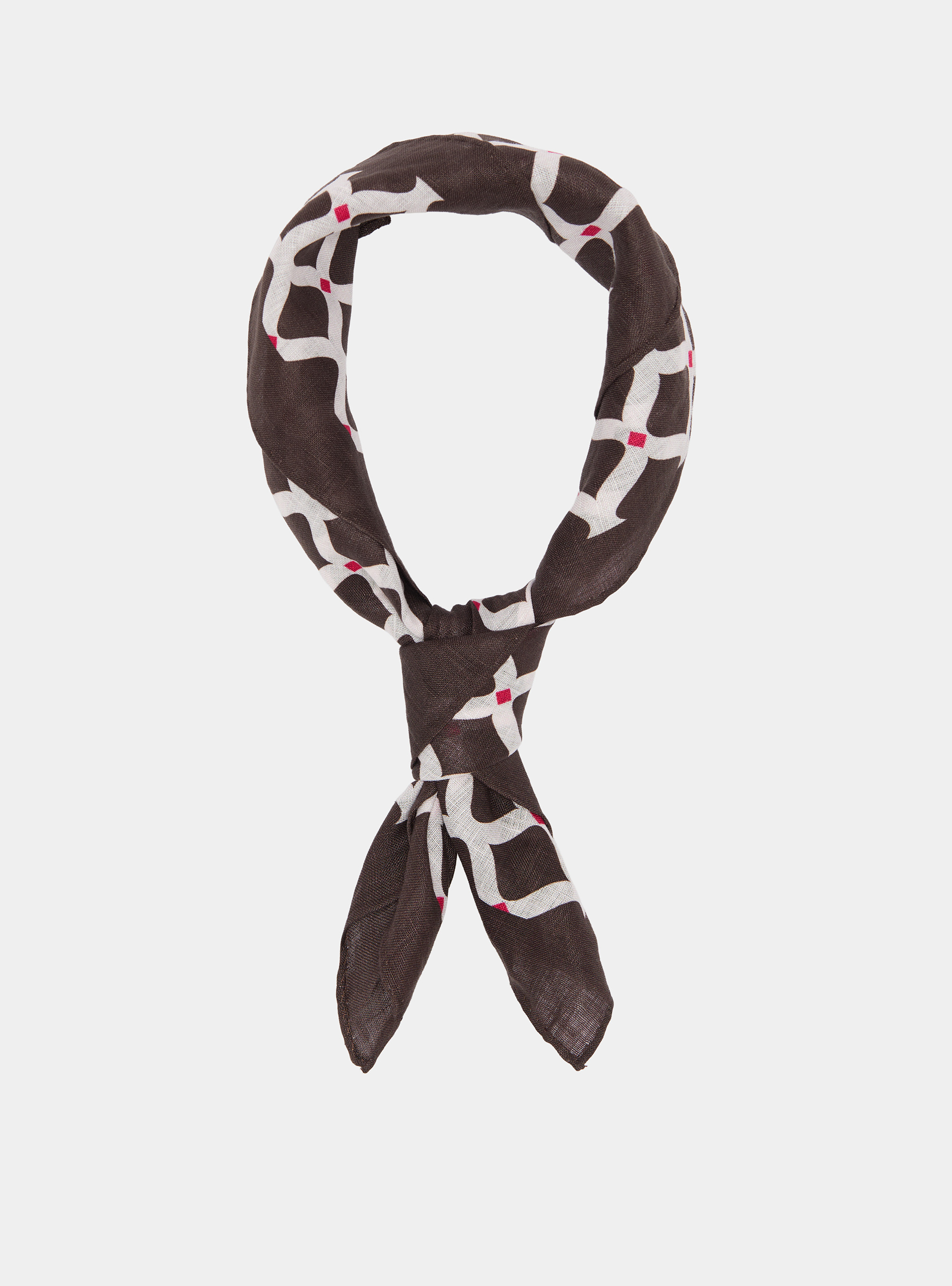 Foulard stampato con fantasia geometrica in lino, MARRON