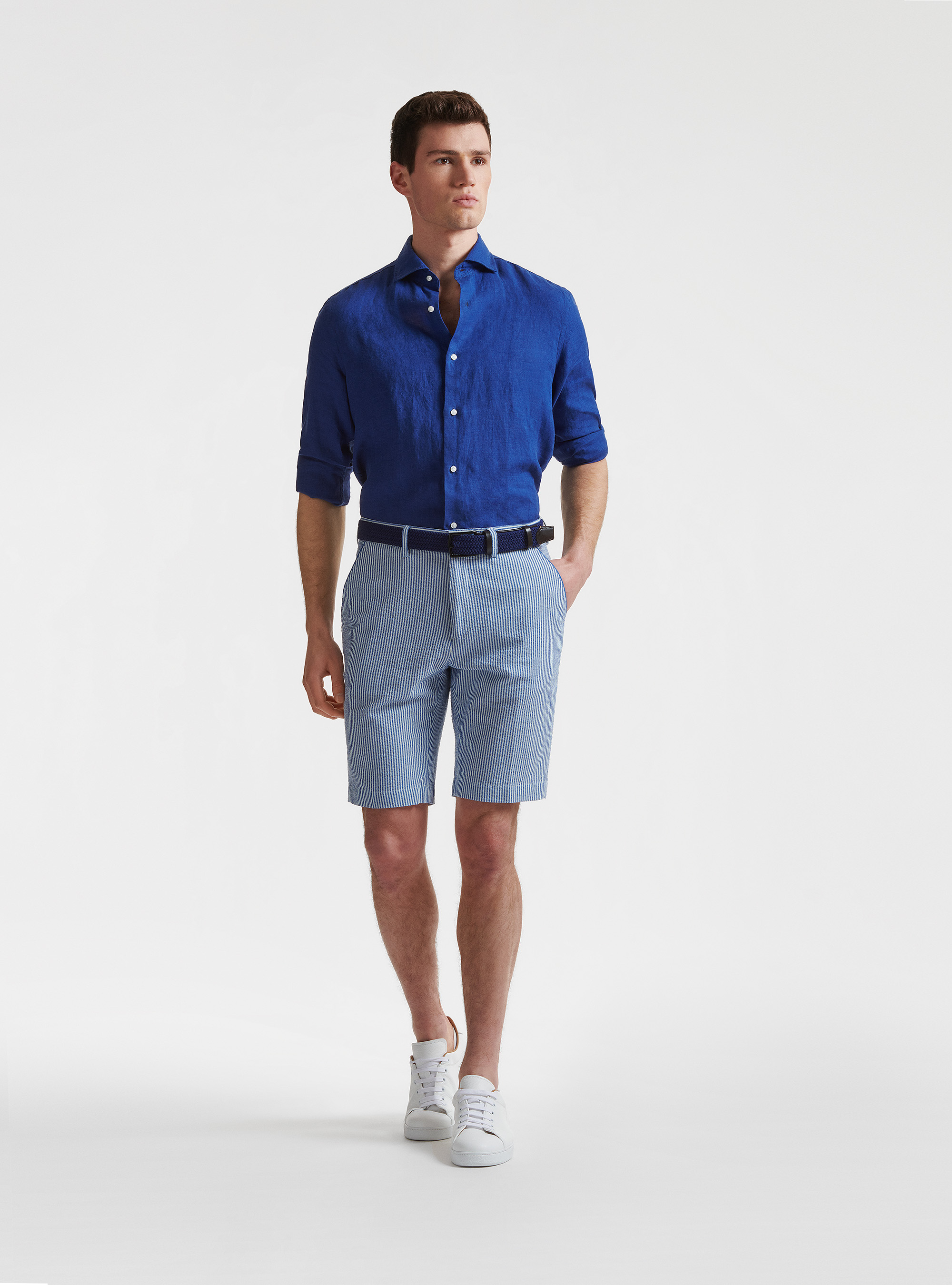 Camicia collo semi francese in puro lino, BLU