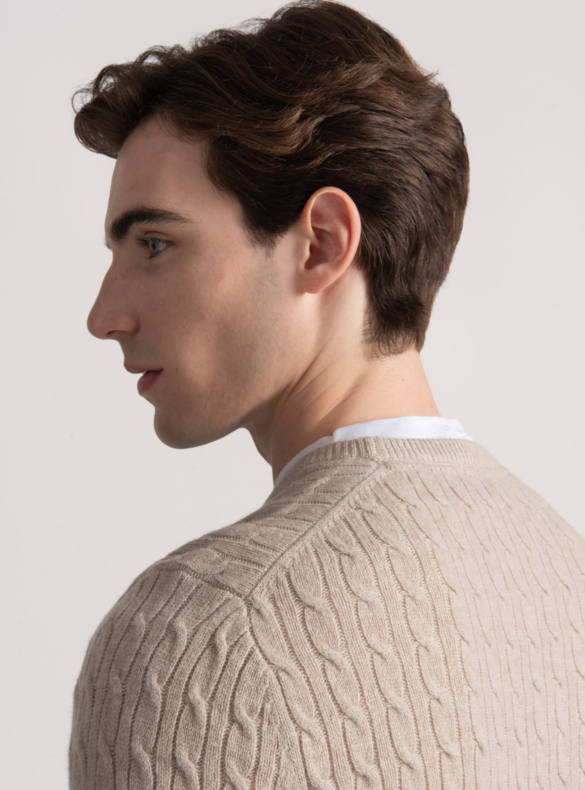 Cashmere wool crew-neck sweater with braid, ECRU