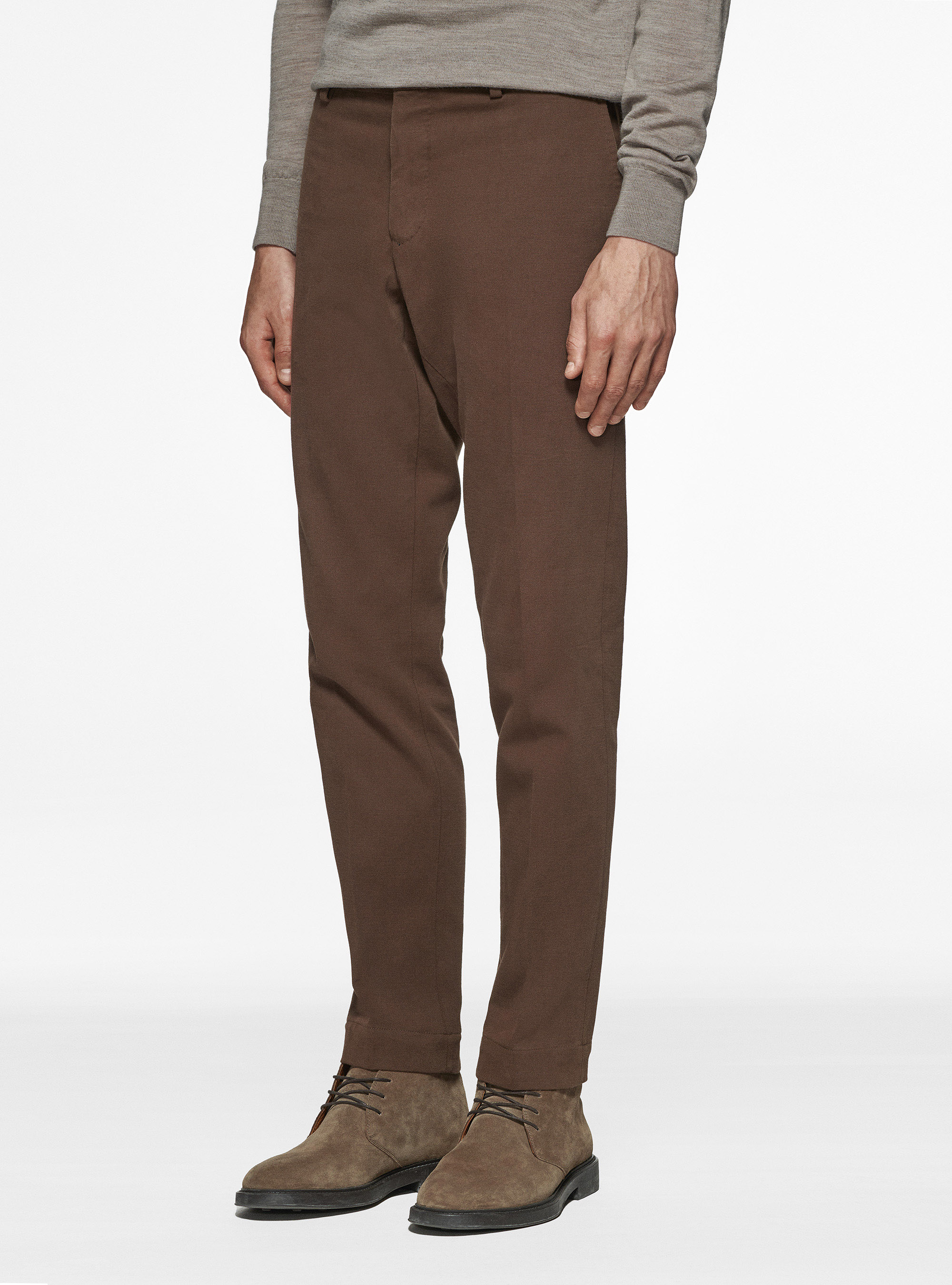 Pantaloni in twill di cotone e cashmere, MARRONE