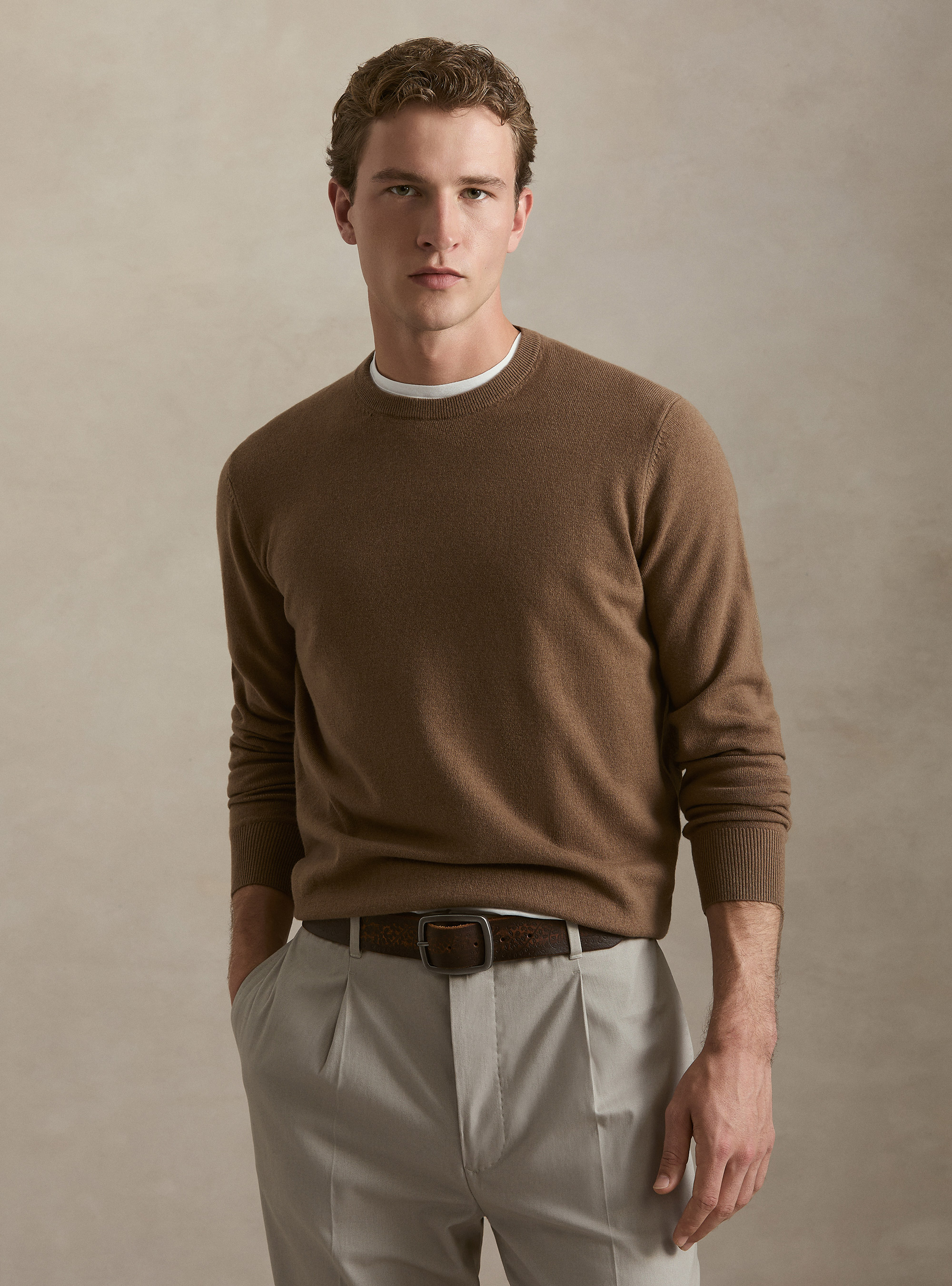 Lambswool and cashmere crewneck sweater, HAZELNUT