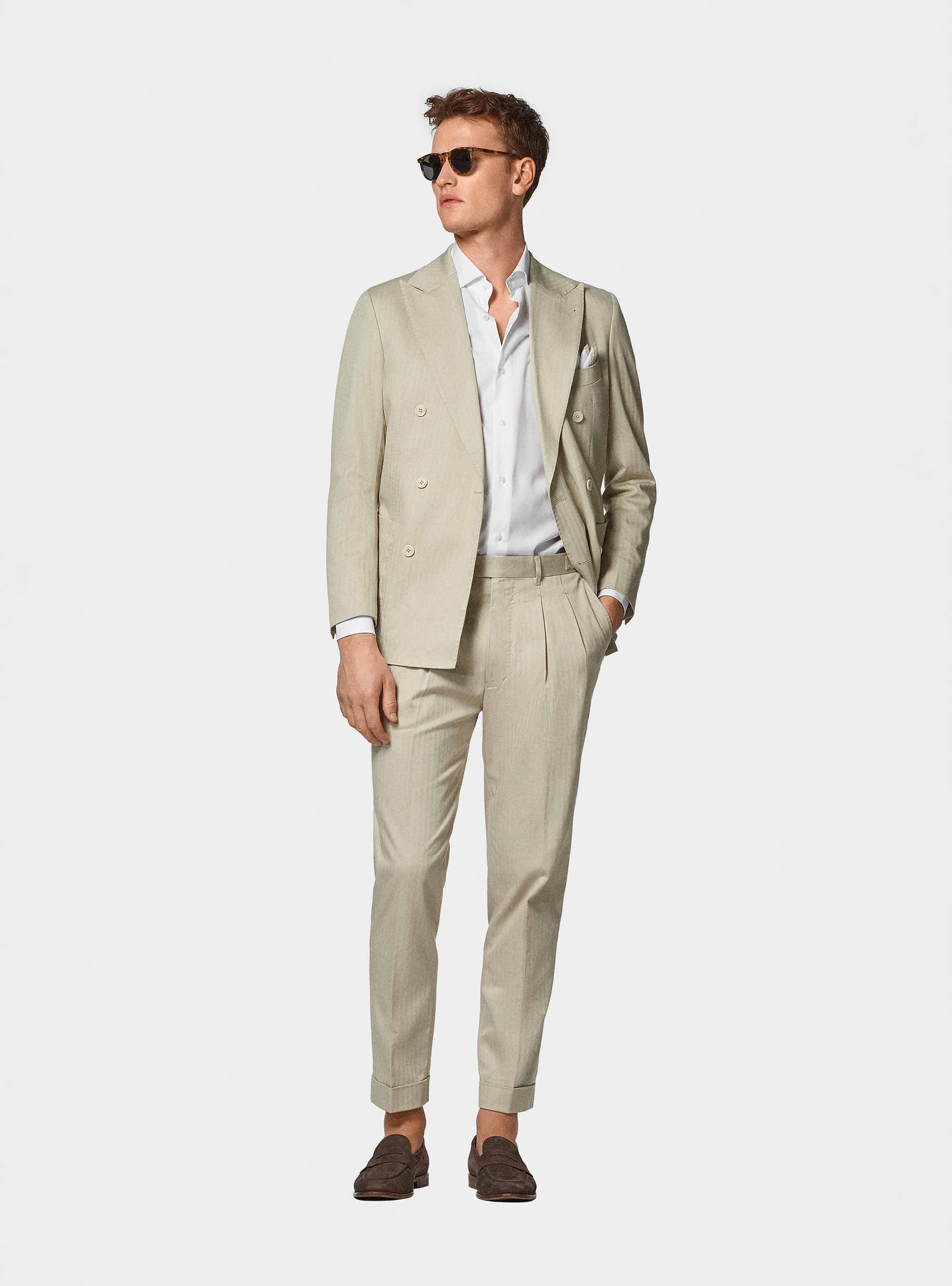 Pantaloni abito doppiopetto in cotone e lino, ECRU