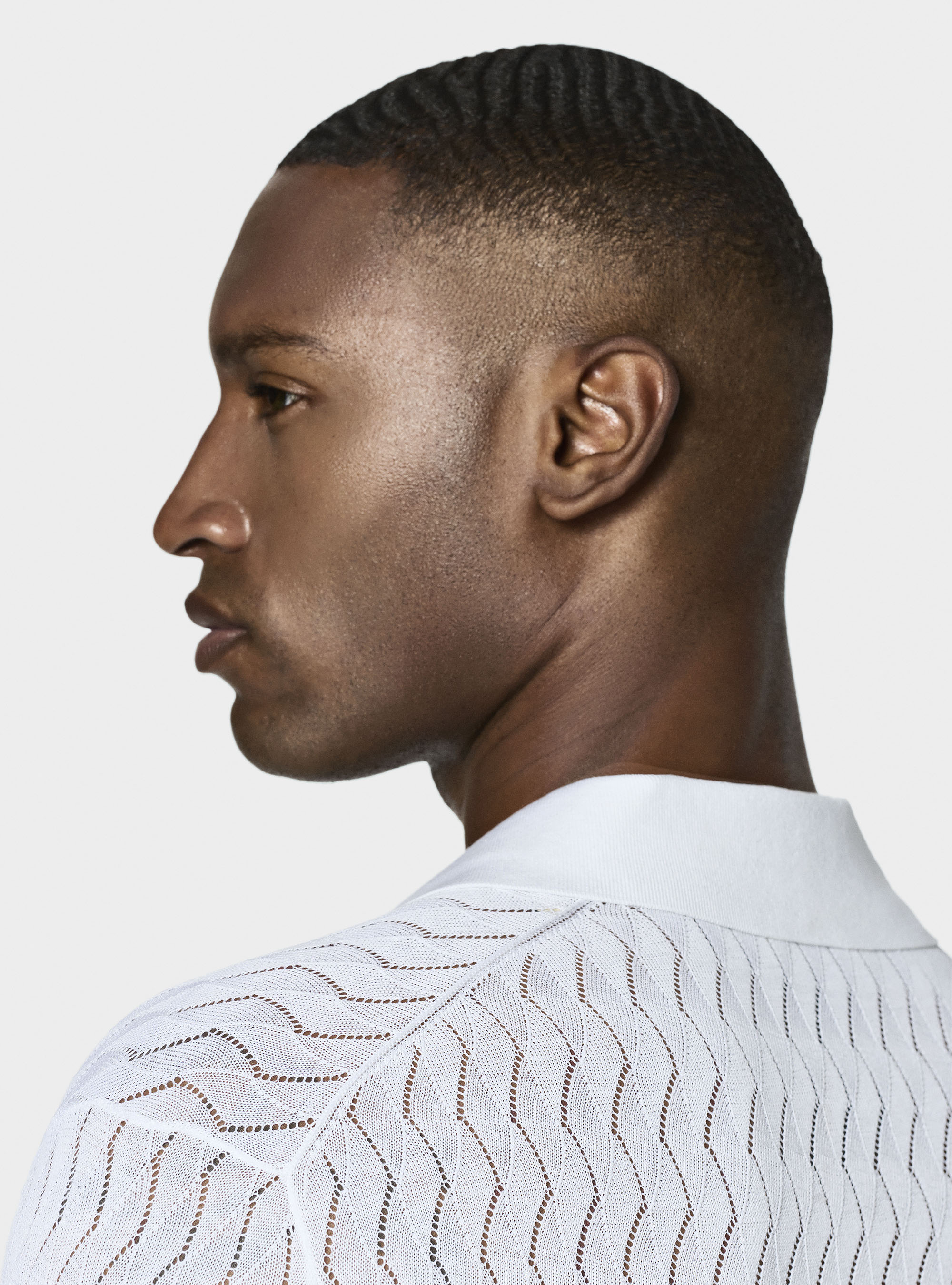 Polo camicia in maglia traforata in cotone e seta, BIANCO