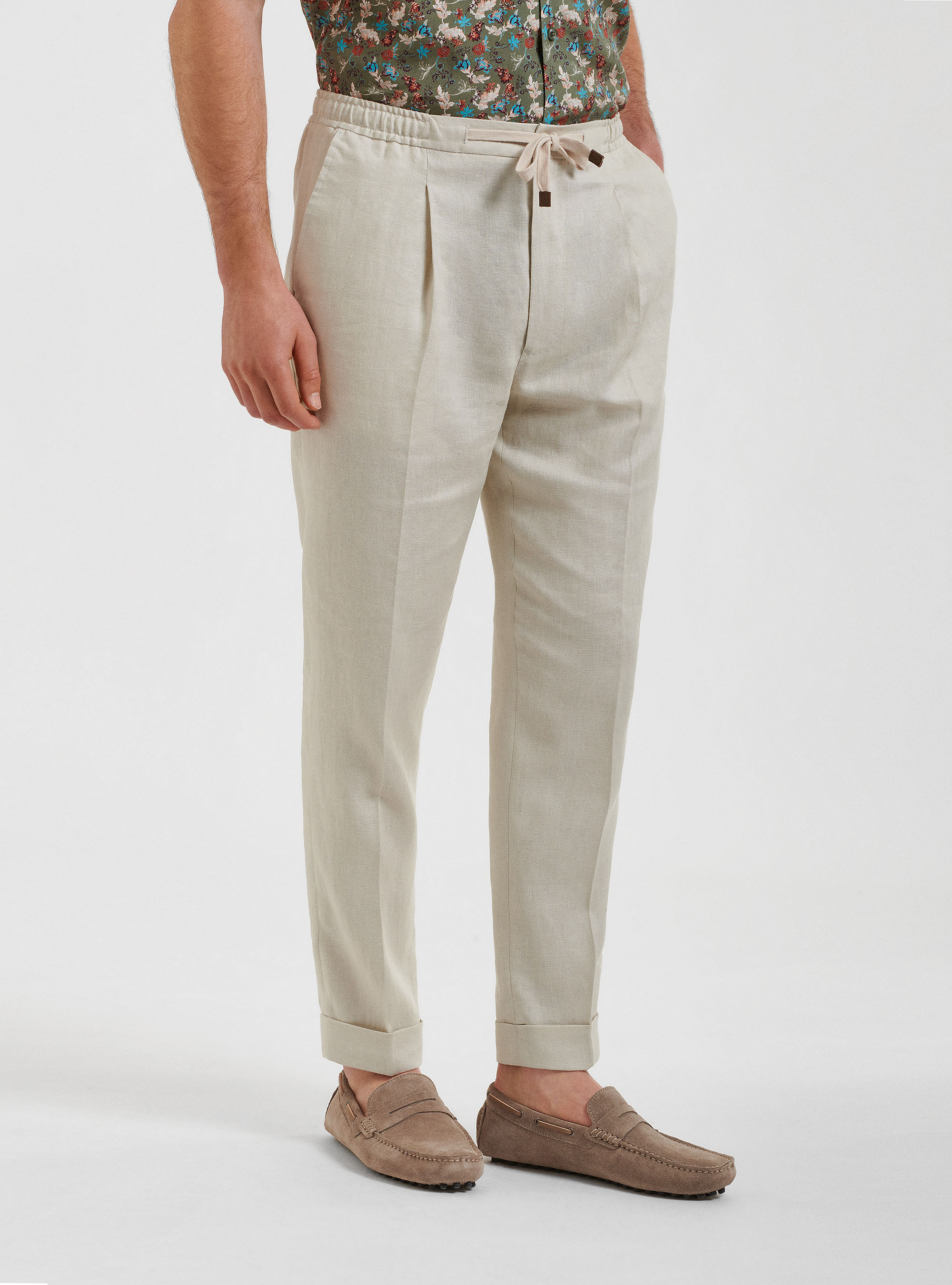 Pure linen pleat and drawstring trousers, ECRU