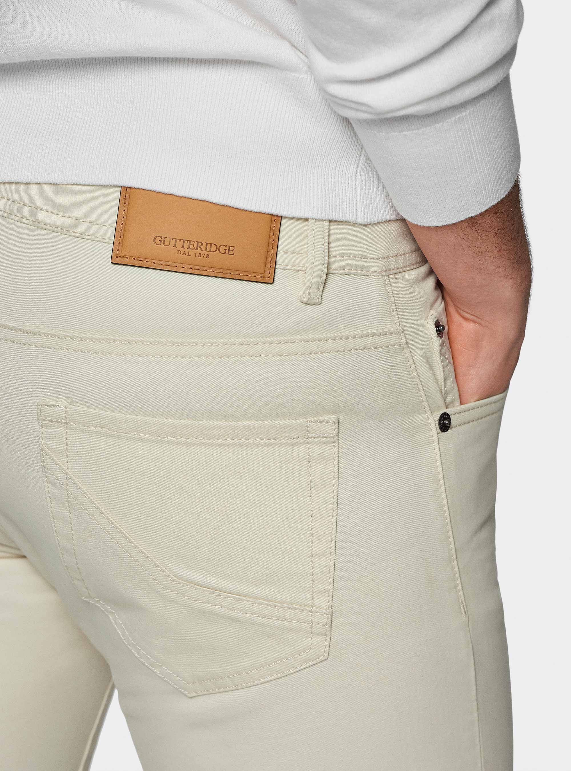 Pantaloni 5 tasche in twill di cotone, PANNA