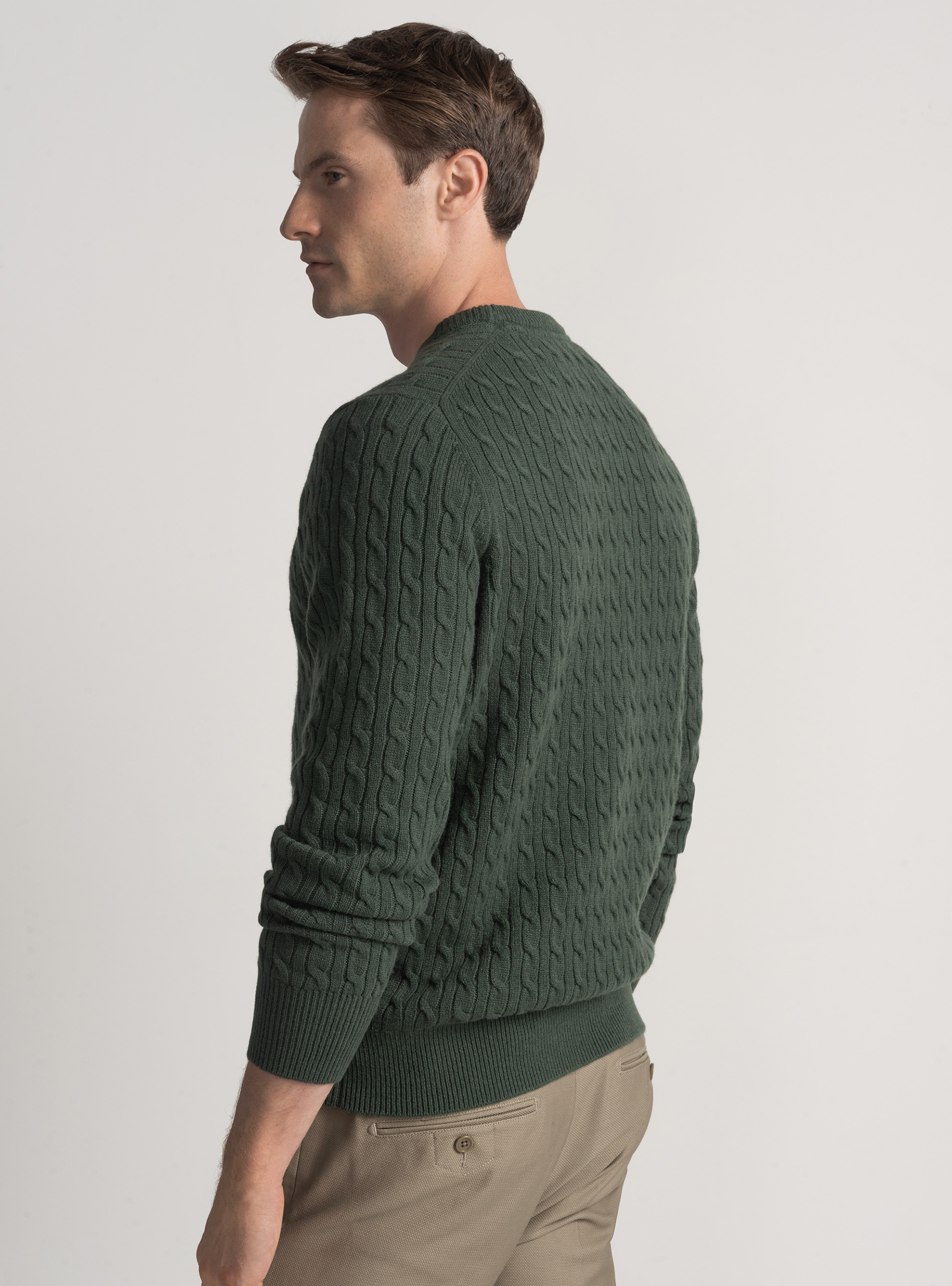 Maglia girocollo con treccia in lana e cashmere, MILITARE 0609C