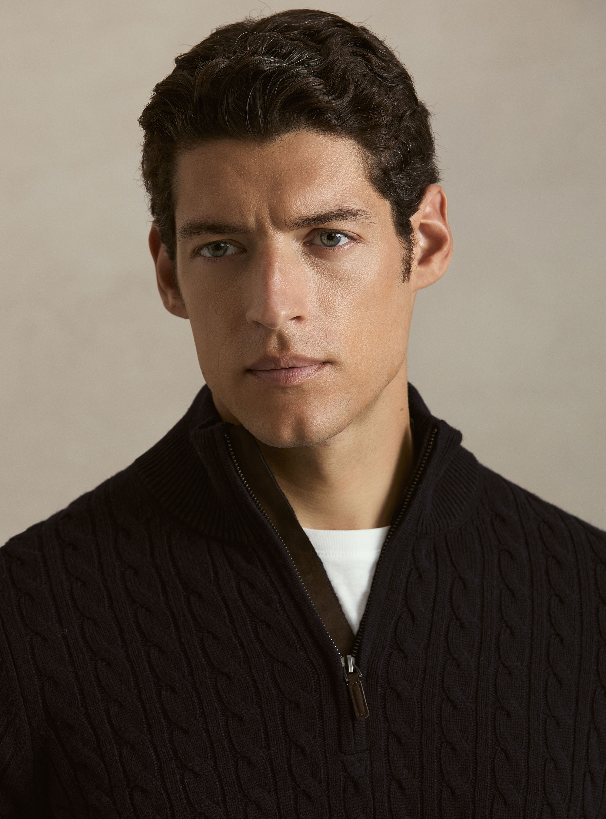 Cable-knit wool and cashmere mock neck sweater, NAVY BLUE
