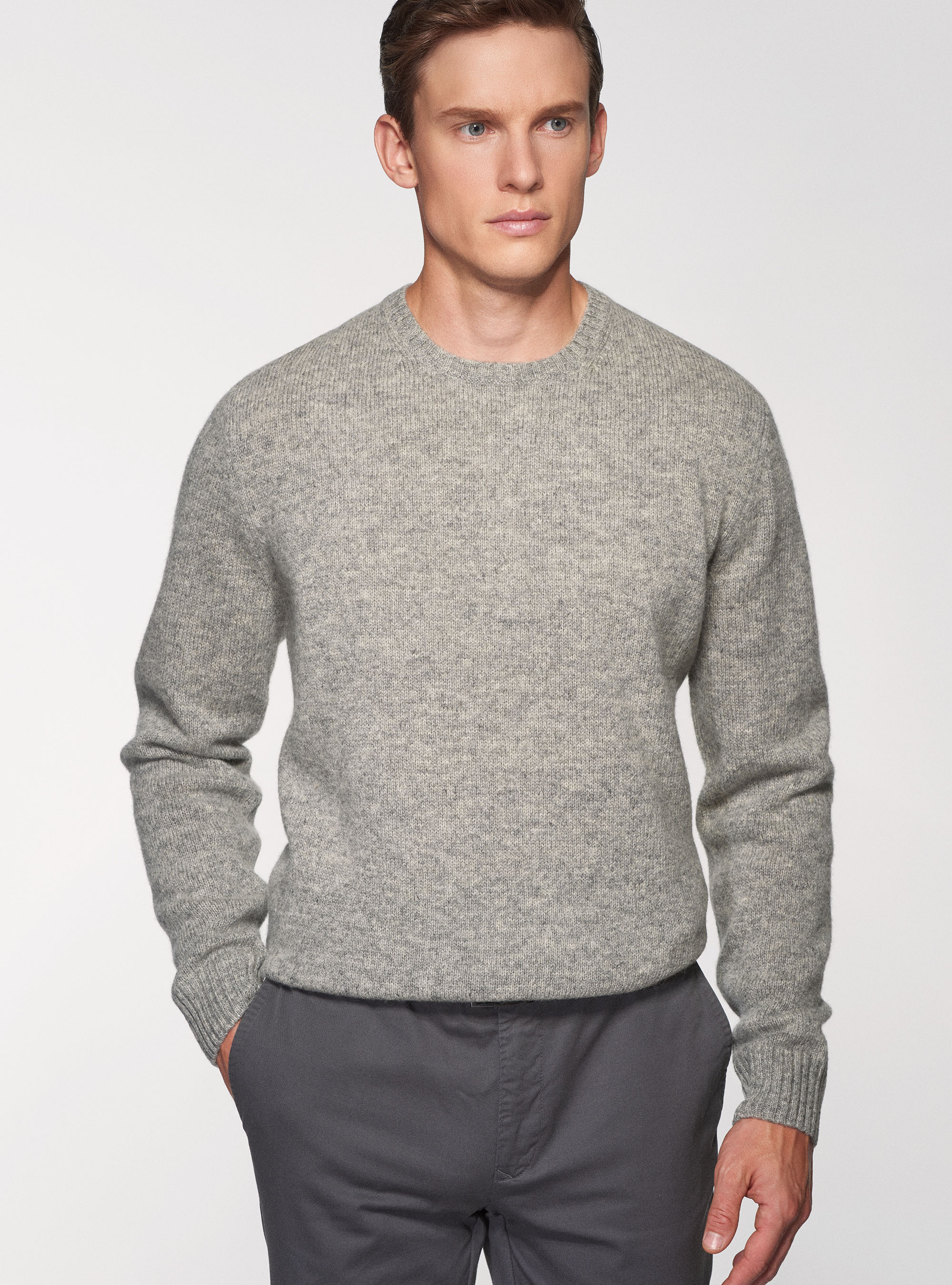 Maglia girocollo in pura lana shetland, GRIGIO MELANGE 0151C
