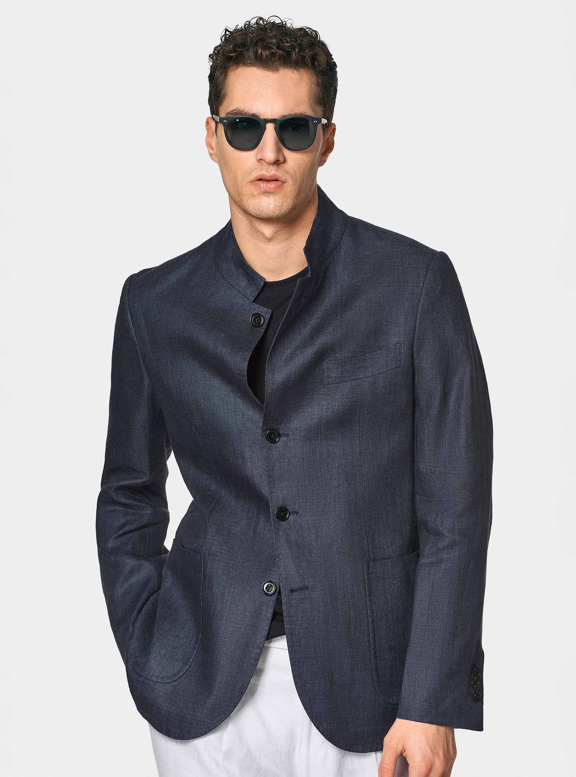 Giacca coreana in puro lino spigato, BLU NAVY