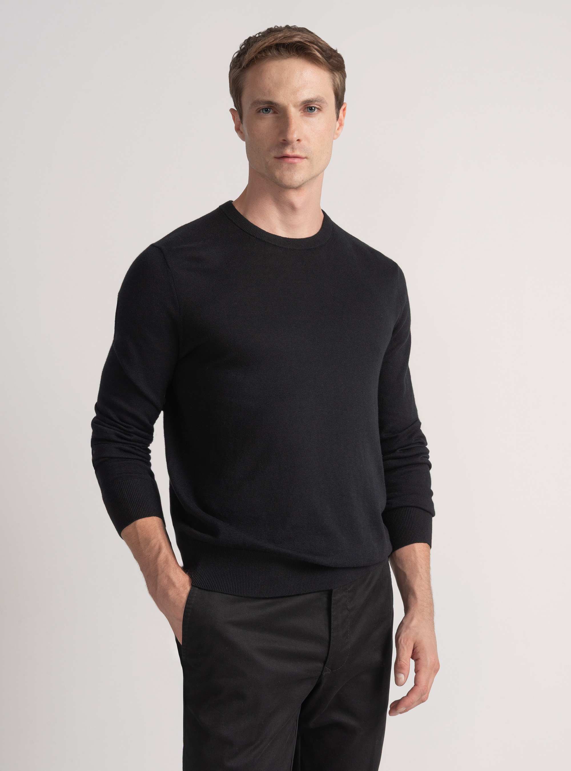 Punto de cuello redondo de algodón, seda y cachemira, NEGRO