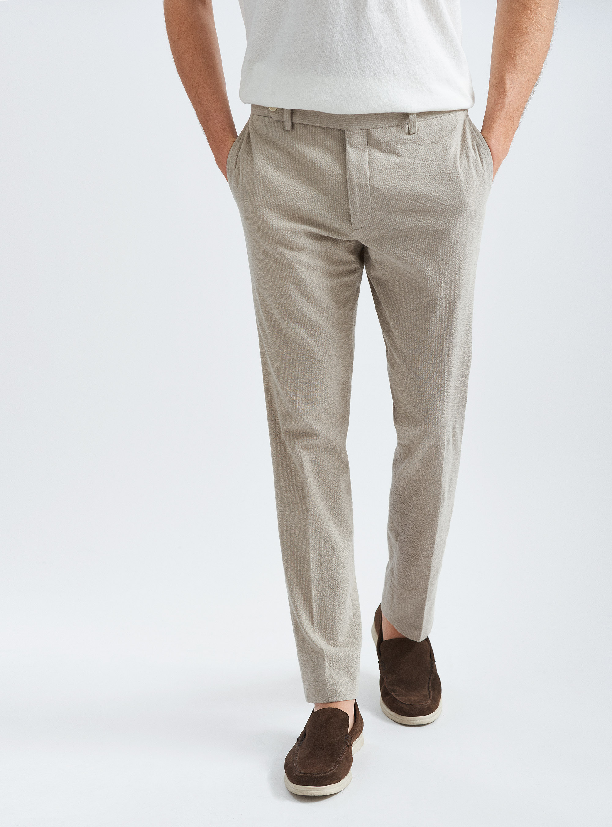 Pantaloni per abito seersucker in cotone stretch, SABBIA