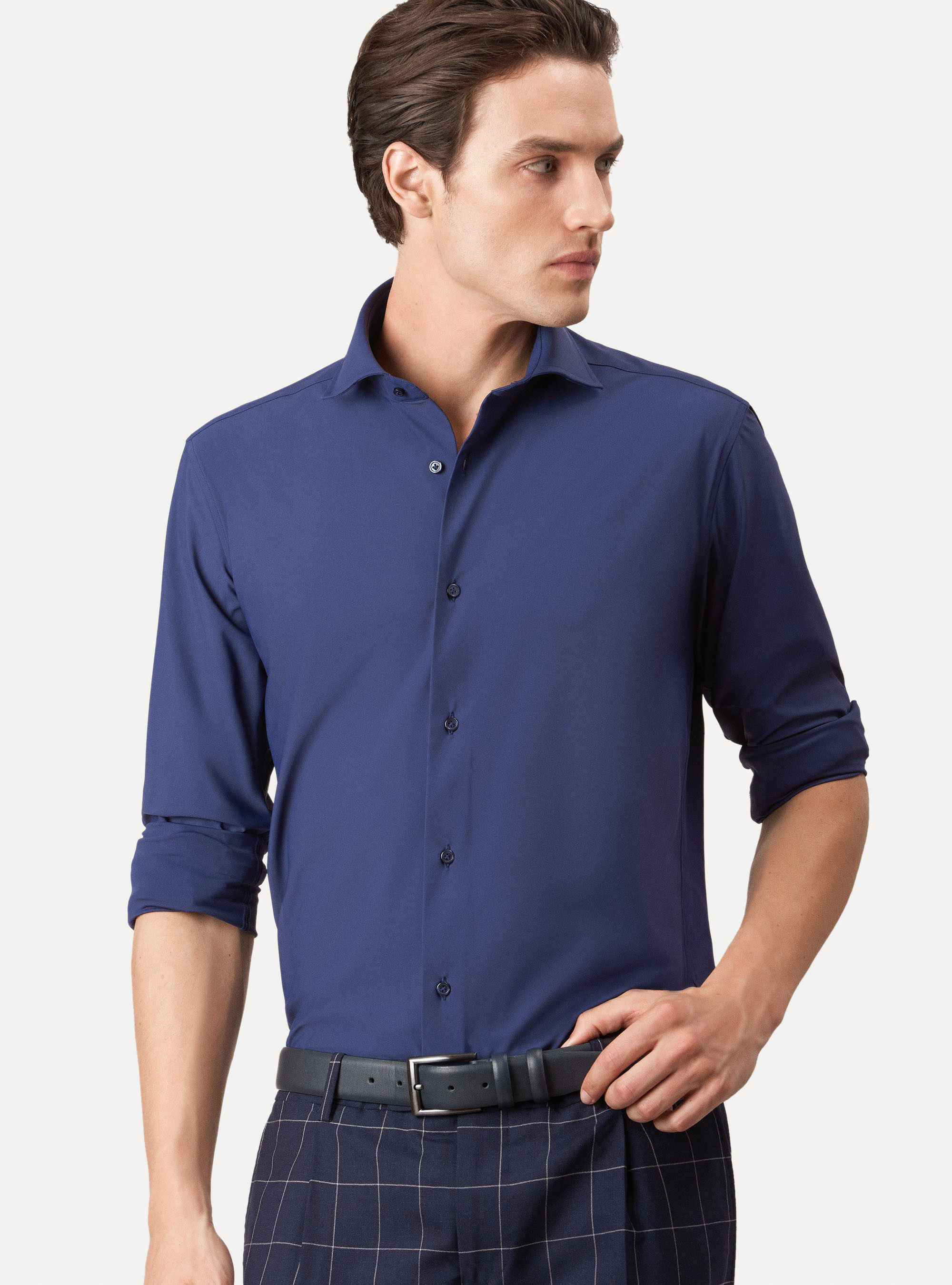 Semi open collar French travelwear shirt, NAVY BLUE